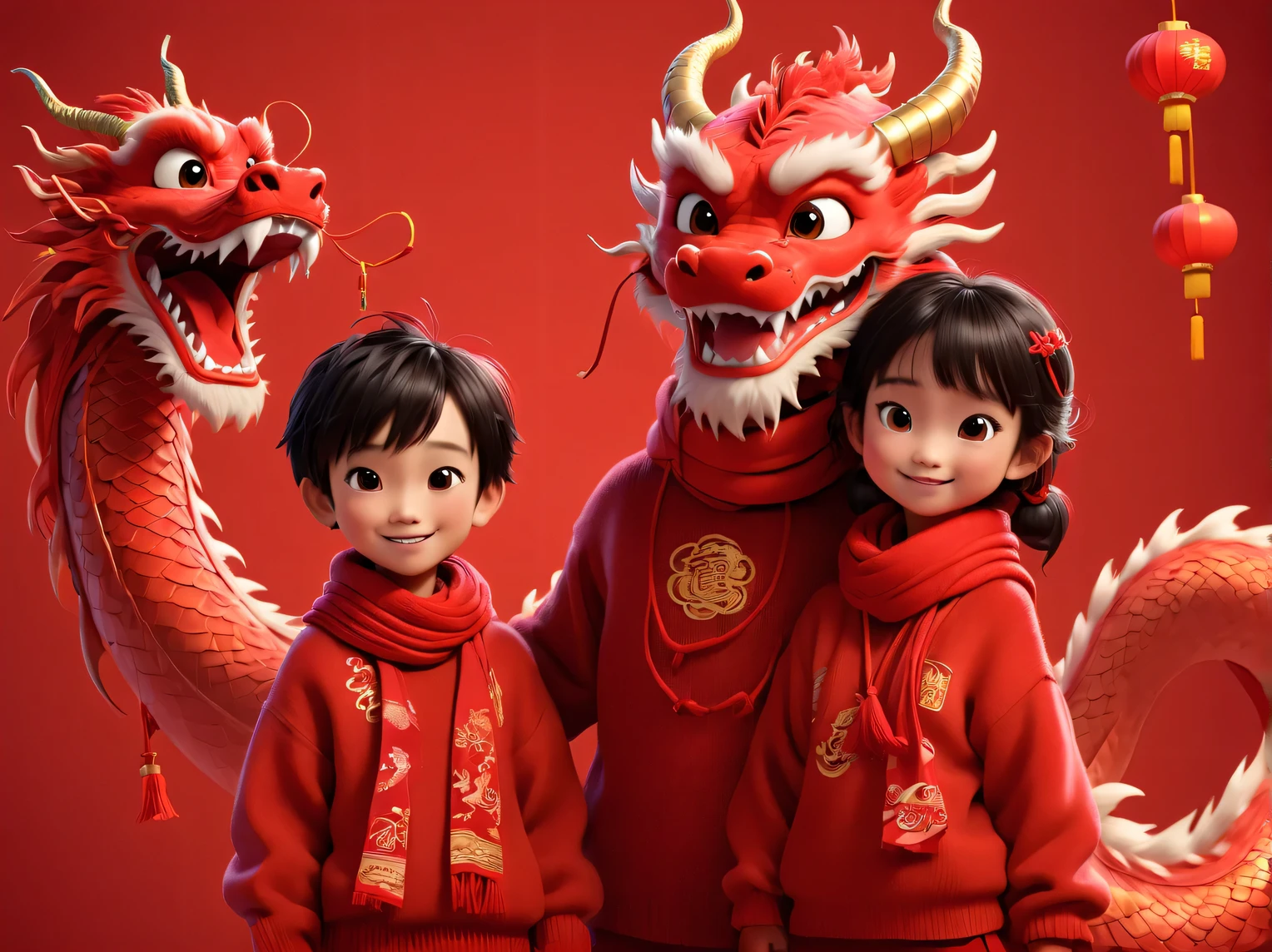 A cute humanized red and big Chinese dragon and a little Chineseboyand girl, Pixar style, both wearing human red sweaters with a big red woolen scarf tied around their necks, doing the same congratulatory motion, big red background, very festive, Chinese elements, welcoming the New Year ,32k uhd --chaos 50 --ar 3:4 --s 750 --v 6.0