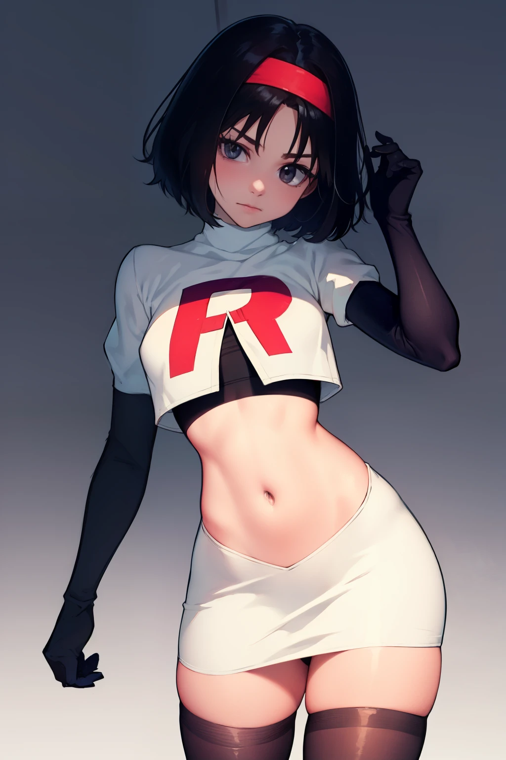 Erik, headband, short hair, grey eyes ,team rocket uniform, red letter R, white skirt,white crop top,black thigh-high boots, black elbow gloves, looking at viewer, cowboy shot,