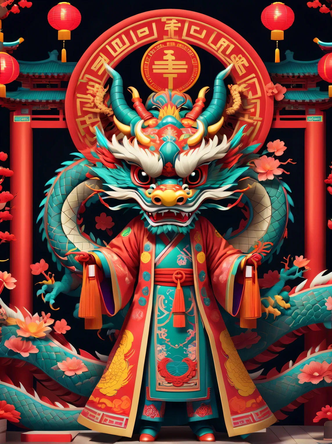 Cyberpunk era style New Year, Happy New Year, neon lights, using symbol planes and flat color blocks to create graphic style illustrations. Two super cute Chinese dragons are depicted against the backdrop of Chinese opera stages and traditional Chinese architecture. Integrating symmetrical geometric patterns, auspicious patterns, and Chinese clothing elements, including headwear patterns. Rendered Maya style illustrations inspired by folk art of flower arrangement. Use bright color combinations, masks, and totems. Make sure you have a white background, beautiful borders, clear contours, and emphasize folk themes.