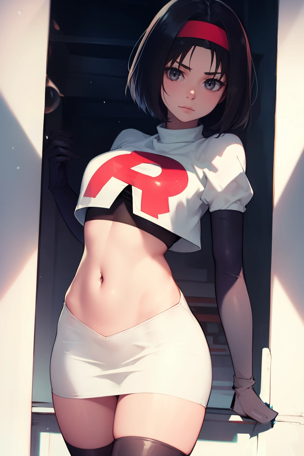 Erik, headband, short hair, grey eyes ,team rocket uniform, red letter R, white skirt,white crop top,black thigh-high boots, black elbow gloves, looking at viewer, cowboy shot,