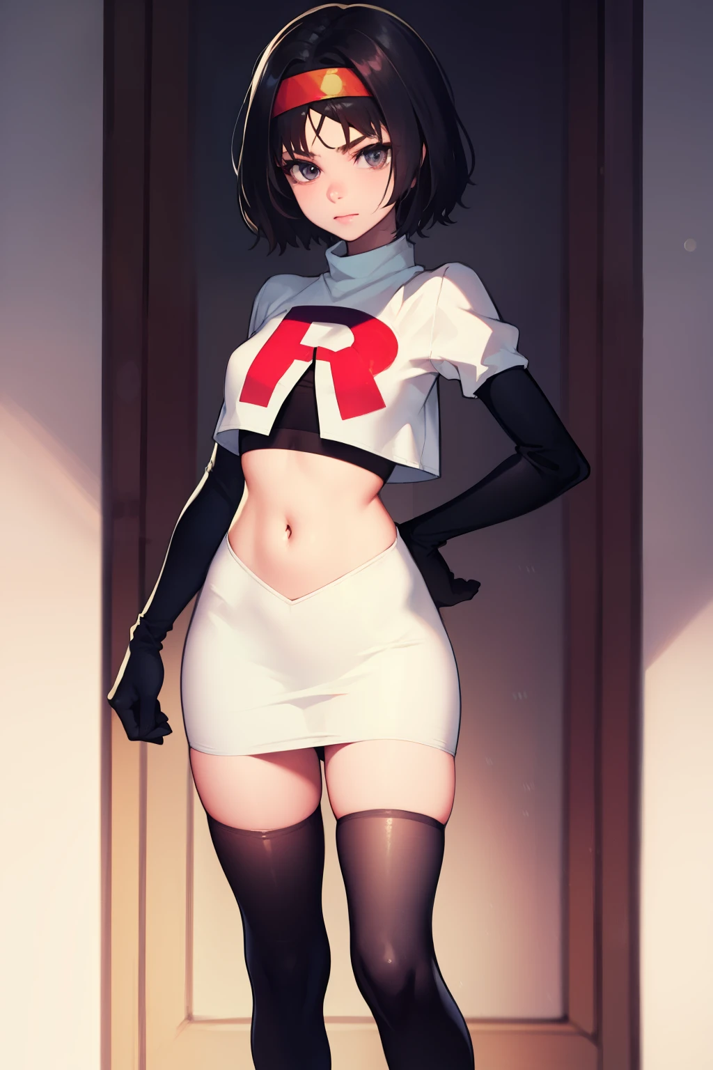 Erik, headband, short hair, grey eyes ,team rocket uniform, red letter R, white skirt,white crop top,black thigh-high boots, black elbow gloves, looking at viewer, cowboy shot,