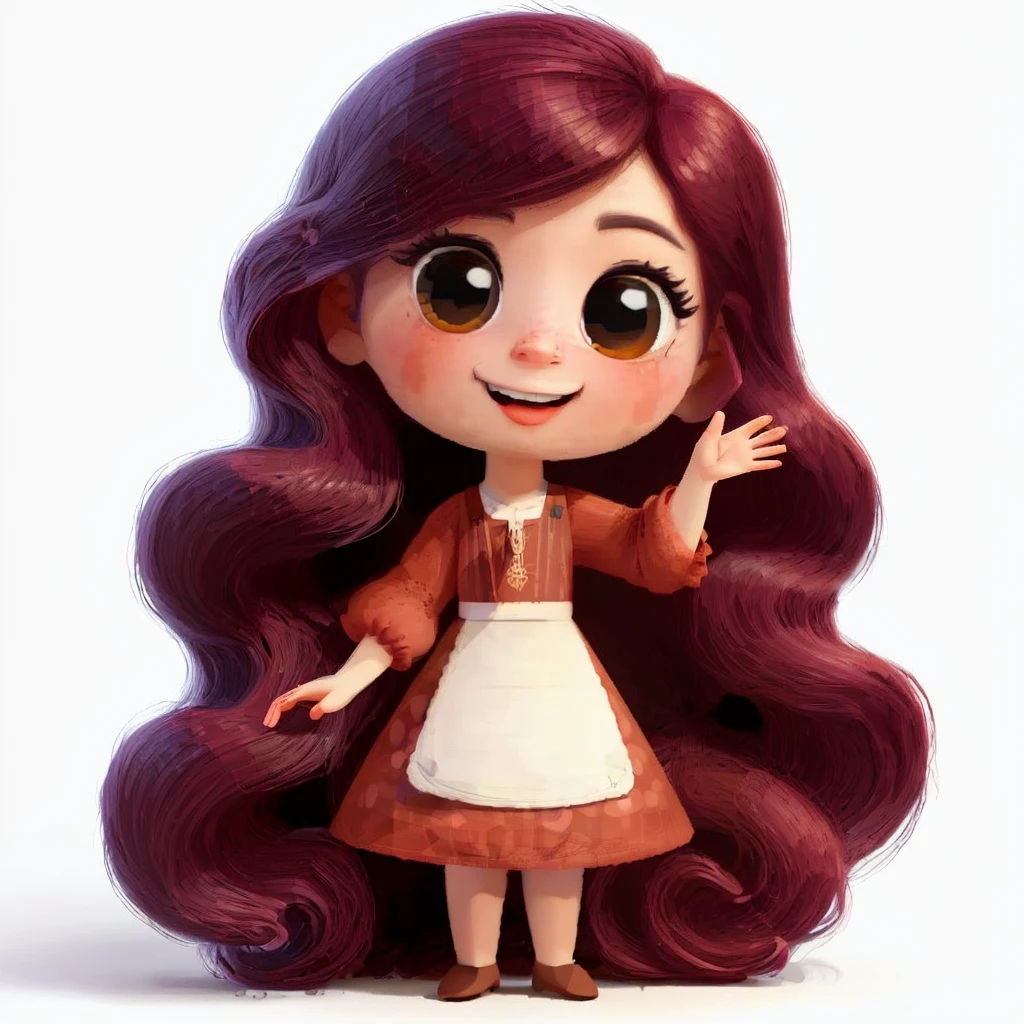 inspired by digital art illustrations, avatar, create a girl with dark, long, wavy Marsala red hair and black almond-shaped eyes. She is wearing a caramel dress and white apron, waving happily, full body, white background. cute, vibrant colors - casa: 0.8), (Obra de arte: 1.2) (realista: 1.2) (bokeh) (melhor qualidade) (pele detalhada: 1.3) (Detalhes intrincados) (8k) (detalhe do olho) (foco nitído), (feliz)