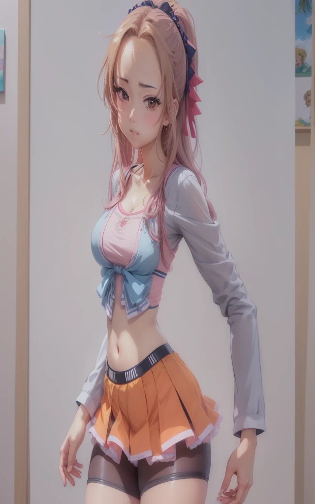 soio、full bodyesbian、(grabbing own colorfully sweaterDress breast:1.6)、(top-quality、in 8K、masterpiece:1.2)、red blush:1.2、Perfect Body Beauty:1.5、a 20 yo woman、(poneyTail:1.2),(Light brown hair:1.2)、sharp jaws、(sharp eyebrows)、(sleeveless)、(Waist belt、Blue mini skirt:1.4)