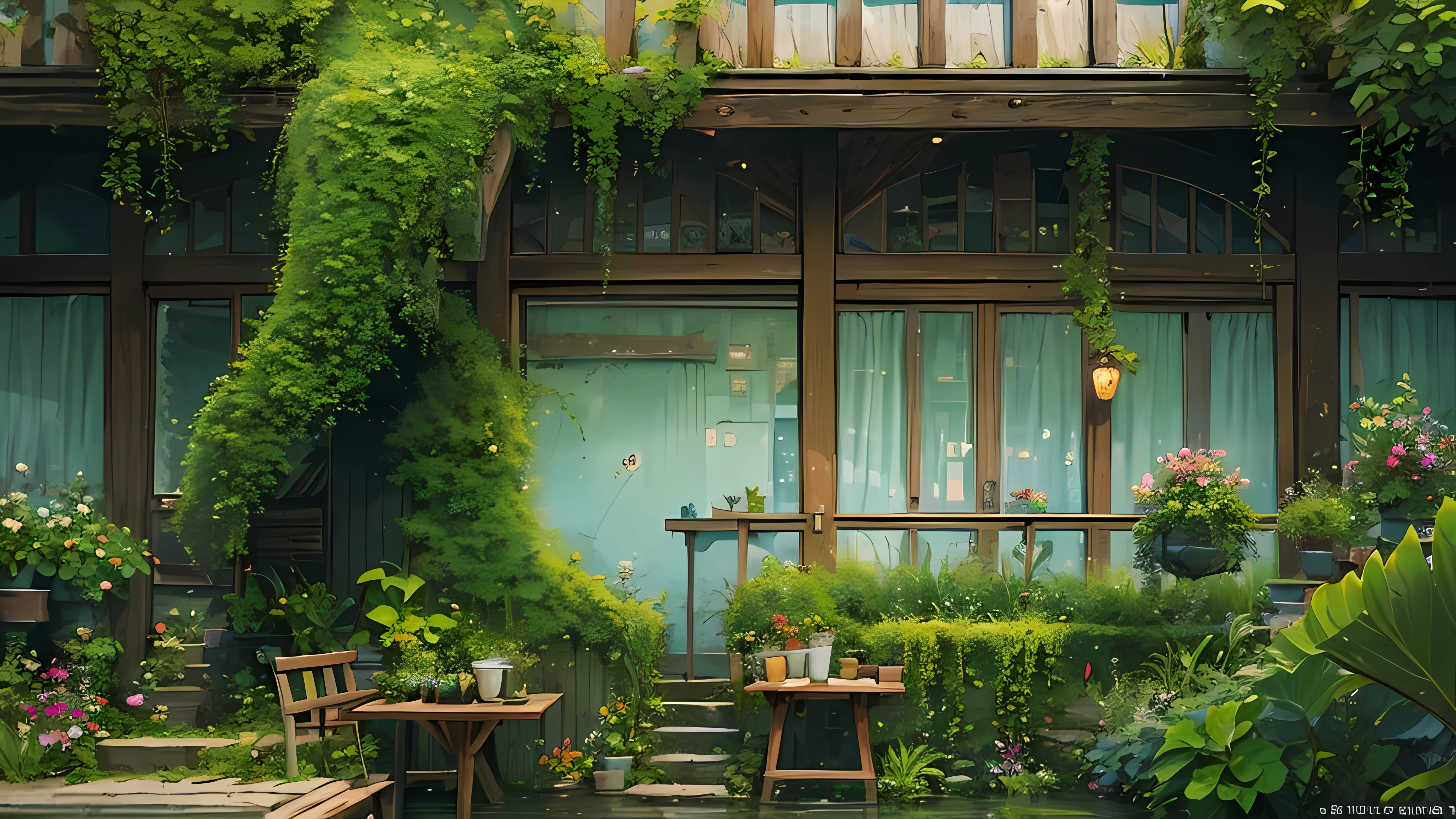 (micro landscape:1.5),(best quality), ((masterpiece)), (high resolution), illustration, The original, Very detailed wallpaper, 没have人类, window, landscape, plant, water, potted plant, outDoors, architecture, Door, house, flower pot, sky, lily pad, Chair, flower, table, stairs, watermark, have, Tree, Sunlight, pond, Grass, inDoors, reflection, lamp, balcony, black headdress, bushing, sky空, railing, table, open window, shelf, leaf, Book, , Copyright name, ladder, architecture学, shadow, alone, obsolete, vine, flower瓶, City, coffee shop, lamp笼, bucket, ruins, bench, shop, sign, moss, Boat, bucket, river,