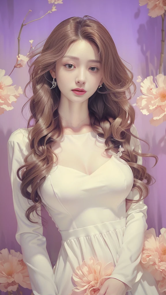 Female((30year old)), hair((long, wavy, brown)), eyes((smart eyes, hazel)), clotheilker clothes, light purple, purple)), chocker, hair ornaments, flower hair pin, diamond necklace, earrings, gigantic boobs, huge breast: 1.2, nursing room, smiling, cleavage, open mouth, full body 