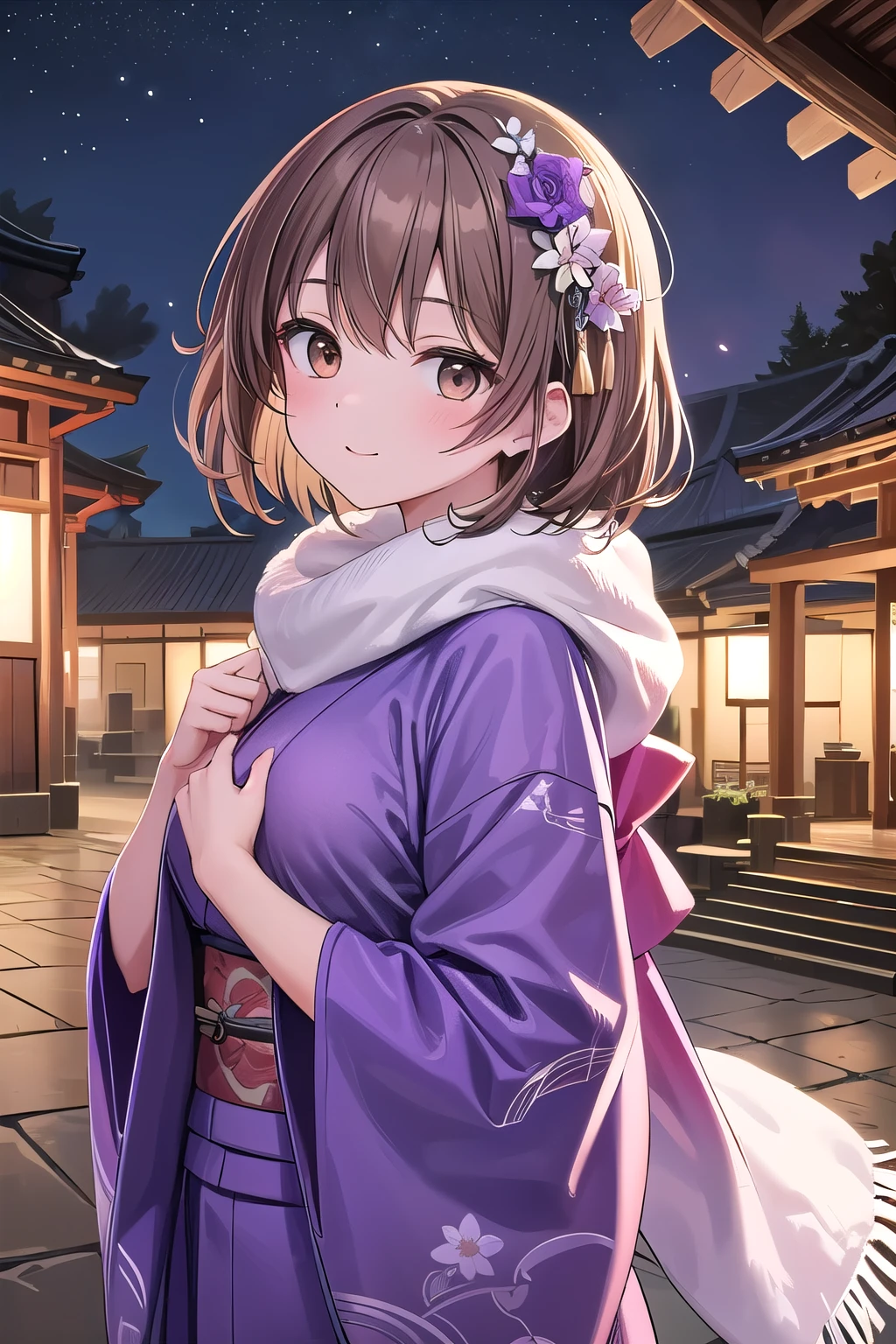 solo girl, 20 years old,medium hair, light brown hair, brown eyes, medium breast, happy,purple kimono,fur scarf,flower hair Accessories, shrine,night, Best Quality, High resolution, Extremely detailed, Detailed background, Perfect Lighting