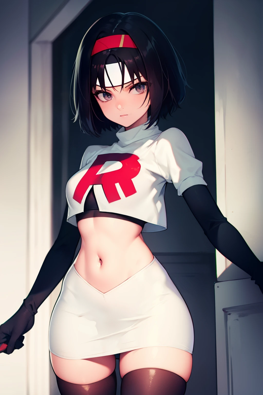 Erik, headband, short hair, grey eyes ,team rocket uniform, red letter R, white skirt,white crop top,black thigh-high boots, black elbow gloves, looking at viewer, cowboy shot,