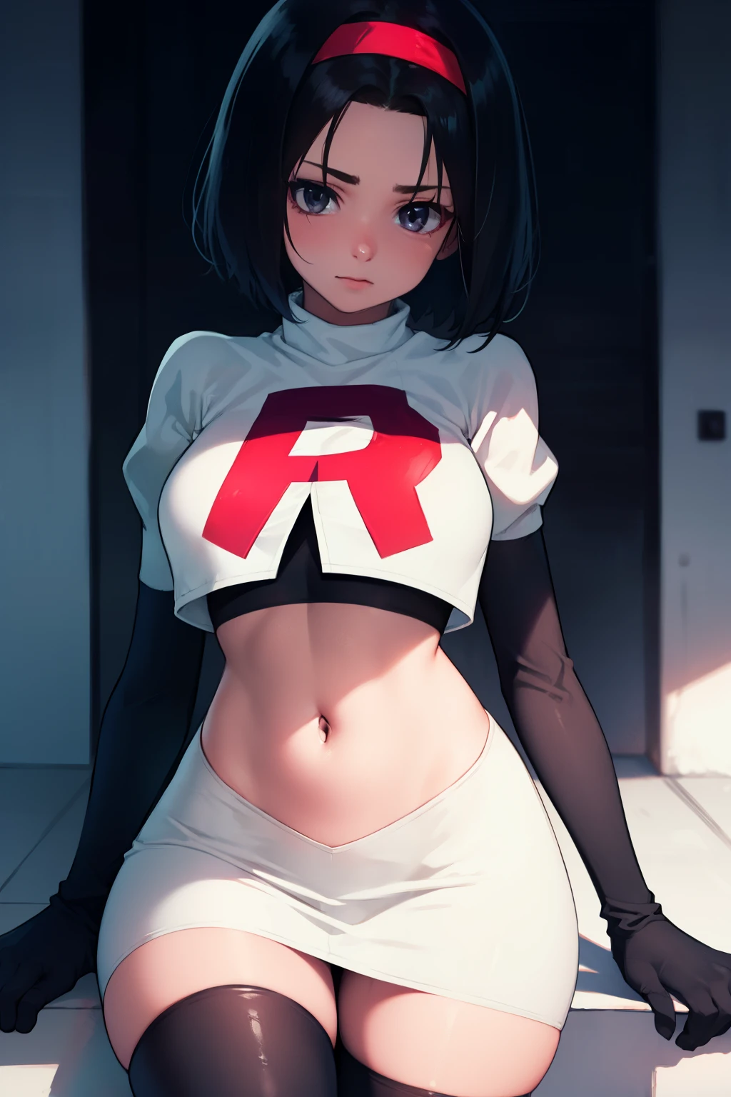 Erik, headband, short hair, grey eyes ,team rocket uniform, red letter R, white skirt,white crop top,black thigh-high boots, black elbow gloves, looking at viewer, cowboy shot,