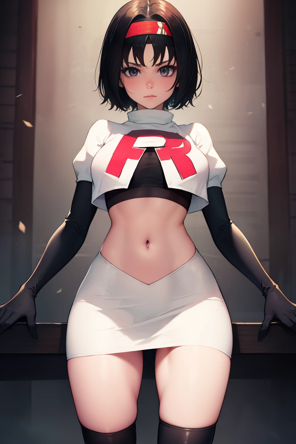 Erik, headband, short hair, grey eyes ,team rocket uniform, red letter R, white skirt,white crop top,black thigh-high boots, black elbow gloves, looking at viewer, cowboy shot,