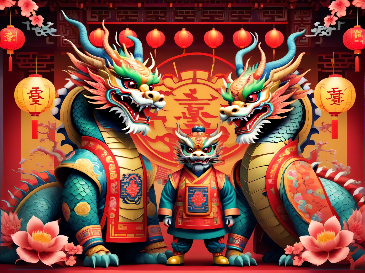 Cyberpunk era style New Year, Happy New Year, neon lights, using symbol planes and flat color blocks to create graphic style illustrations. Two super cute Chinese dragons are depicted against the backdrop of Chinese opera stages and traditional Chinese architecture. Integrating symmetrical geometric patterns, auspicious patterns, and Chinese clothing elements, including headwear patterns. Rendered Maya style illustrations inspired by folk art of flower arrangement. Use bright color combinations, masks, and totems. Make sure you have a white background, beautiful borders, clear contours, and emphasize folk themes.