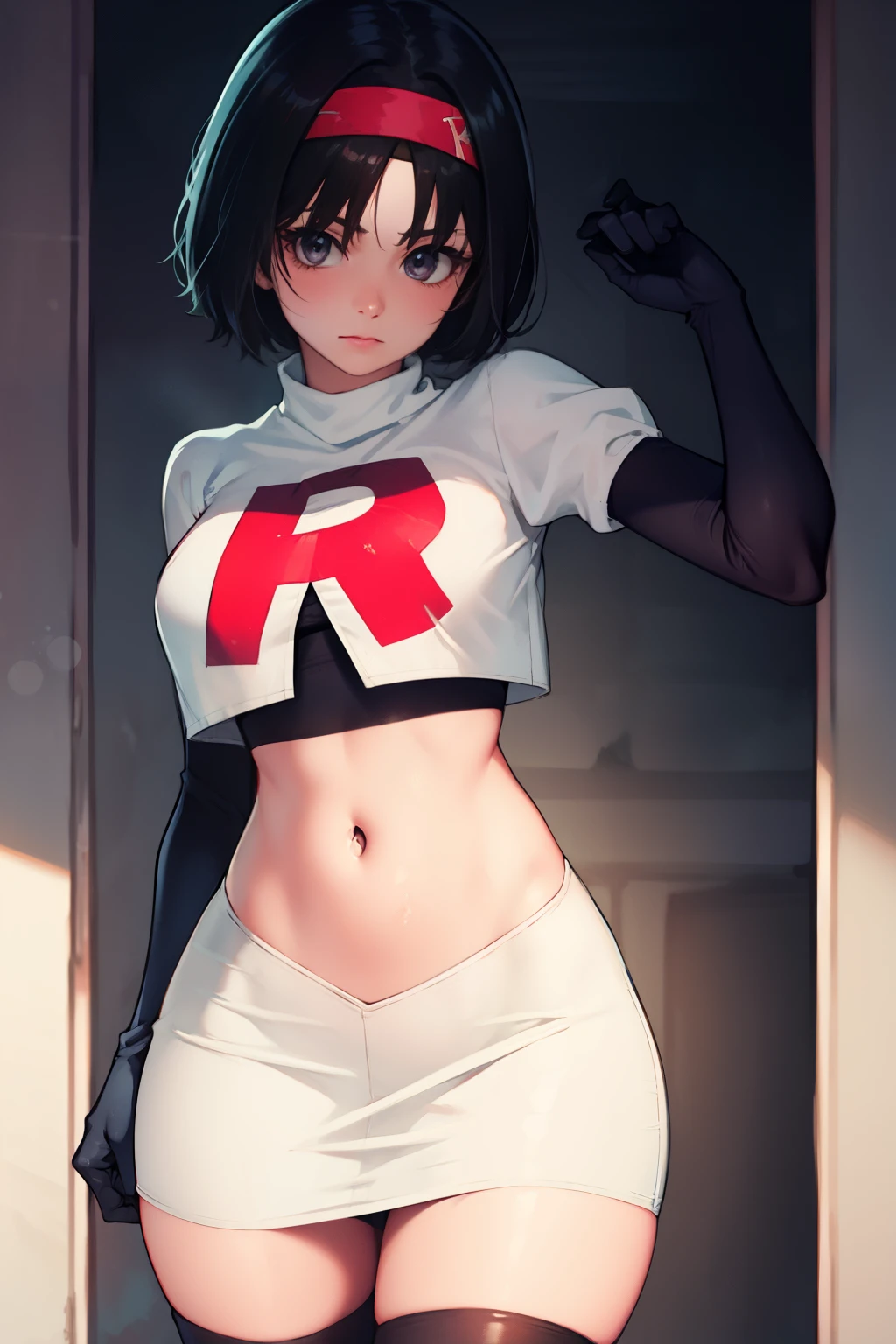 Erik, headband, short hair, grey eyes ,team rocket uniform, red letter R, white skirt,white crop top,black thigh-high boots, black elbow gloves, looking at viewer, cowboy shot,