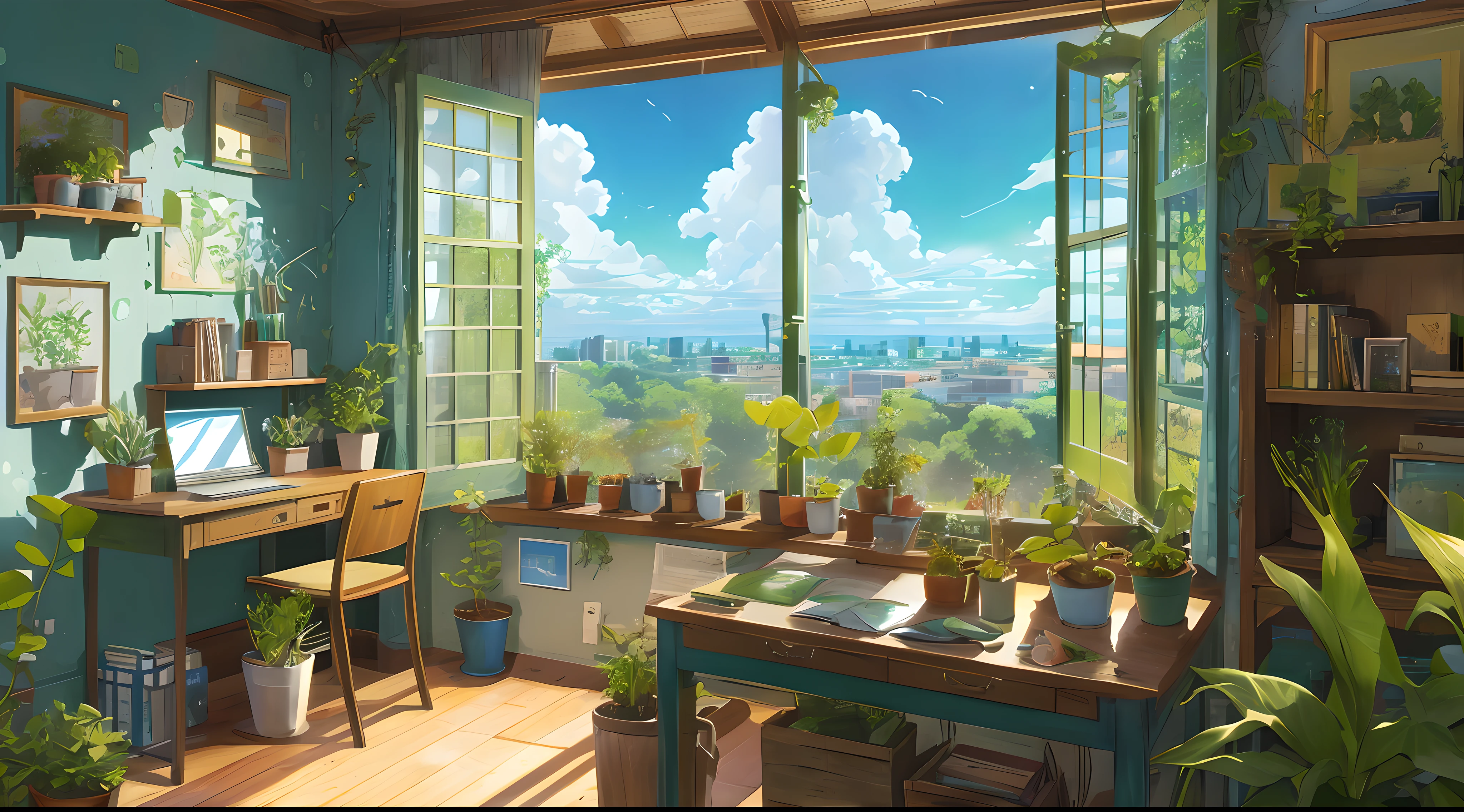 a desk, green plants, panoramic windows nature view, blue sky highly detailed, intricate details, objects like monitor keyboard, 4 pictures on the wall, containers of succulents, books, astrolabe, cacti in containers, by ghibli anime style