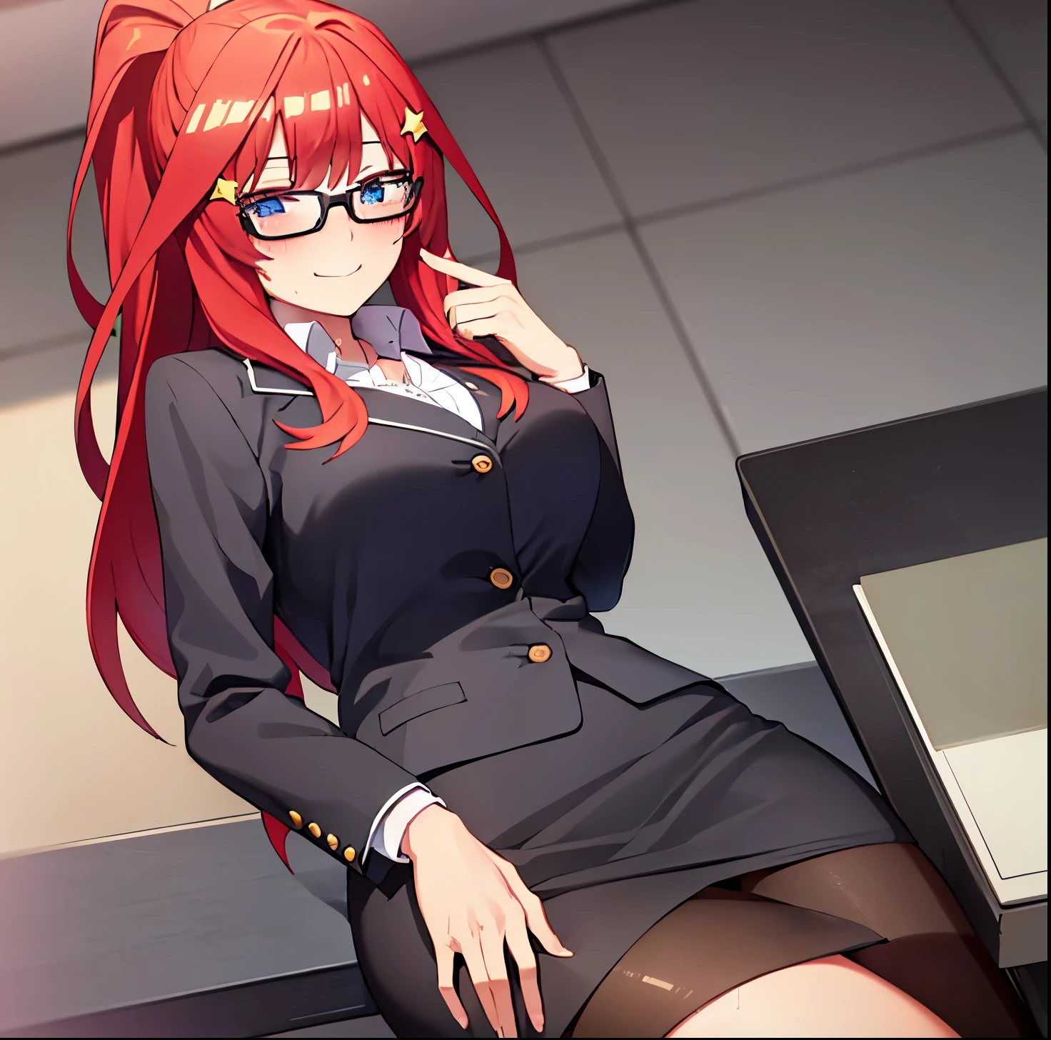, , mksks style, detailed background, 1 girl, alone, Itsuki Nakano, aged, mature female, star hair ornament, long hair, red hair, Choke, bangs, hair amazing eyes, ponytail, blue eyes, big breasts , Office girl, red glasses, bottom, black suit jacket, collared jacket, white dress shirt, collared shirt, neckline, buttons, lanyard, ID card on the neck, black pencil skirt, black pantyhose, smile, blushing, looking at viewer,pov(from below), seductive, embarrassed, office, desk, computer, interior, ((sweat blushing, large breasts, medium waist, wide hips, medium thighs, good anatomy good hands