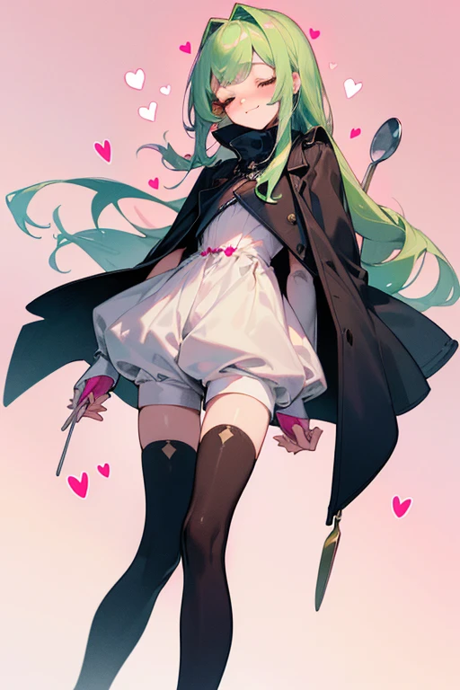 (Masterpiece: 1.5, best quality, high resolution: 1.3, super resolution, super detailed, ultra detailed: 1.3, rich background: 1.2, 1 boy)) pale skin + lime green hair + long hair + closed eyes + long eyelashes + sweetheart bangs + face-framing strands + sea jellyfish haircut + slight blush + androgynous body + flat chest + medium hips (jacket with fluff on the hood and wrists + dark thigh-high stockings + high boots + loose short jumpsuit with turtleneck) ((smile with closed eyes, a small dessert and a spoon, pink background with hearts + androgynous appearance) (colors for clothes: white, brown, pink, dark blue, cream)