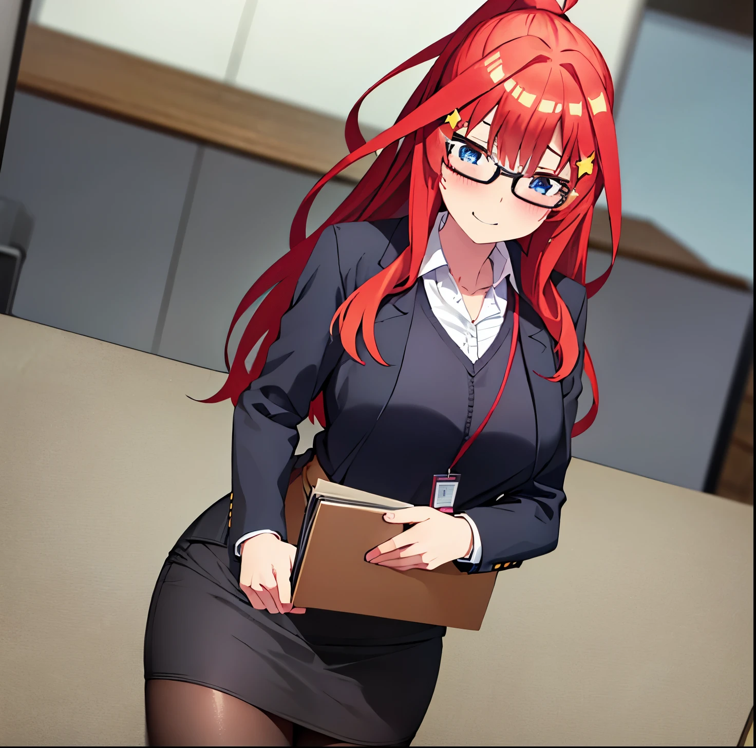 , , mksks style, detailed background, 1 girl, alone, Itsuki Nakano, aged, mature female, star hair ornament, long hair, red hair, Choke, bangs, hair amazing eyes, ponytail, blue eyes, big breasts , Office girl, red glasses, bottom, black suit jacket, collared jacket, white dress shirt, collared shirt, neckline, buttons, lanyard, ID card on the neck, black pencil skirt, black pantyhose, smile, blushing, looking at viewer,pov(from below), seductive, embarrassed, office, desk, computer, interior, ((sweat blushing, large breasts, medium waist, wide hips, medium thighs, good anatomy good hands