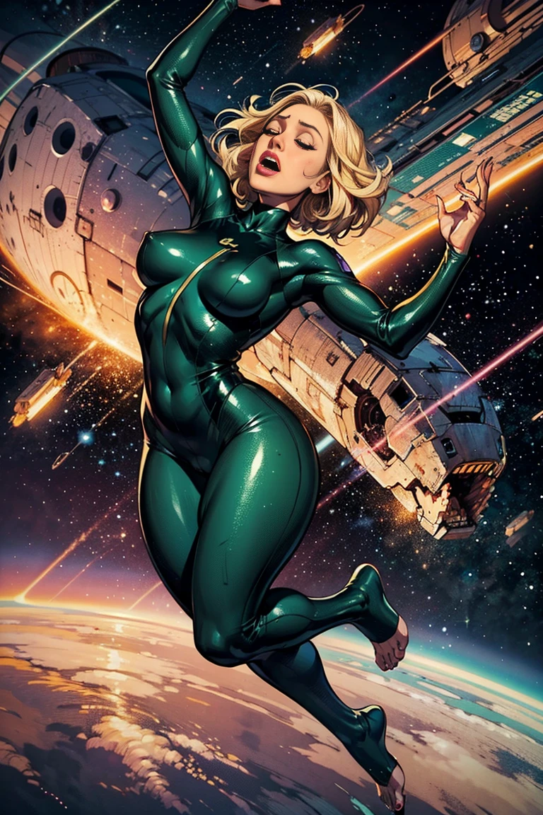 Oil painted slightly chubby white woman. Her face  also slightly chubby. Her body  floating in space .She  wearing a dark green body suit.. She has short blonde hair. She has her mouth open breathing heavily. She  on the verge of death. She  grabbing her neck. Full body view. Bare foot