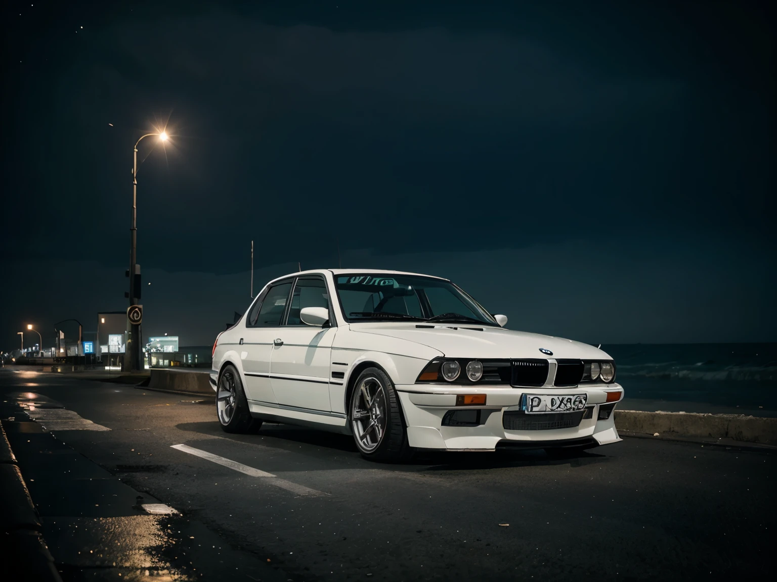 White car, old bmw car, very low shock car, jdm car, no one, beach and city background, night time, neon light from city, high details, 8k