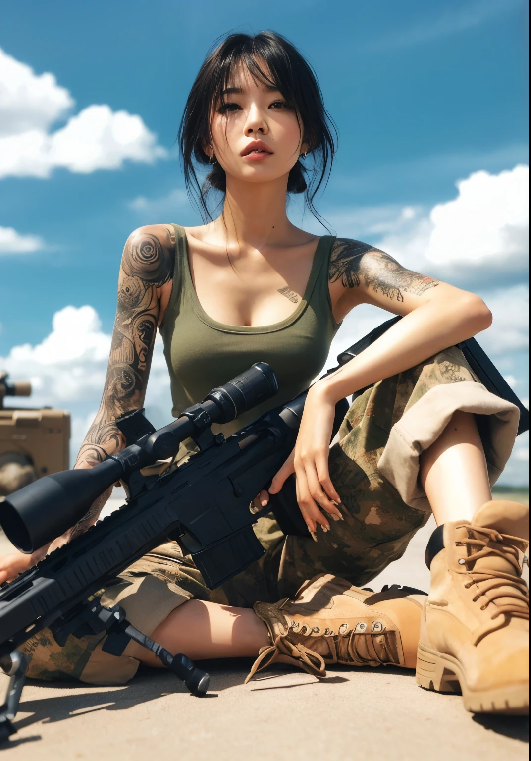 photorealistic、realistic skin texture、automatic rifle、tattoo