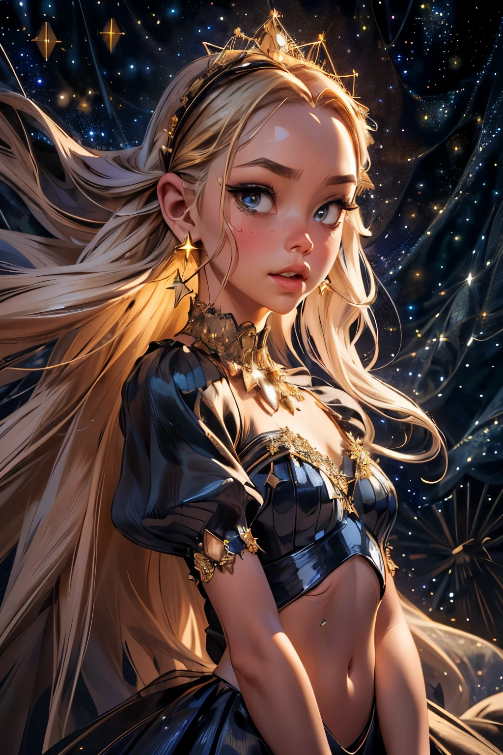 (best quality, masterpiece, detailed, 8k) breathtaking ,RAW, realistic, (AS-YoungV2:1.8) concept art photo of Majestic girl, shining Black eyes, Close Set Eye Shape, Golden Blonde Long layers, Asymmetrical Ears, , , , Hollow Cheeks, Low Forehead, Long face shape, Drooping Lips, Festive holiday makeup, mouth open, Awe, , (small breasts:1.2), wearing [medieval royal gown:futuristic evening gown:0.5], flowing silk, tulle, frills, lace, jeweled necklace, hair accessory, navel, upper body, Arms behind head on a wall, Flare (starry night background:1.3), Hair Light, , shot from dynamic angle, , (masterpiece, award-winning, professional, HDR), detailed skin texture, (blush:0.5), (goosebumps:0.5), subsurface scattering