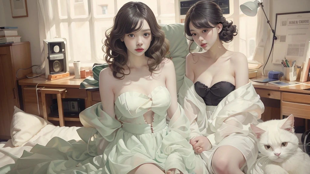 (best quality, high resolution, raw photo), curvaceous, ((Shia LaBeouf)), solo, (long black updo-hair), ((attractive thick-lip)), (white and green maxi strapless-dress ), (huge breast:1.2), (widest hip, huge thigh:1.4), (sexy pose), (near desk, inside office), (looking at camera)