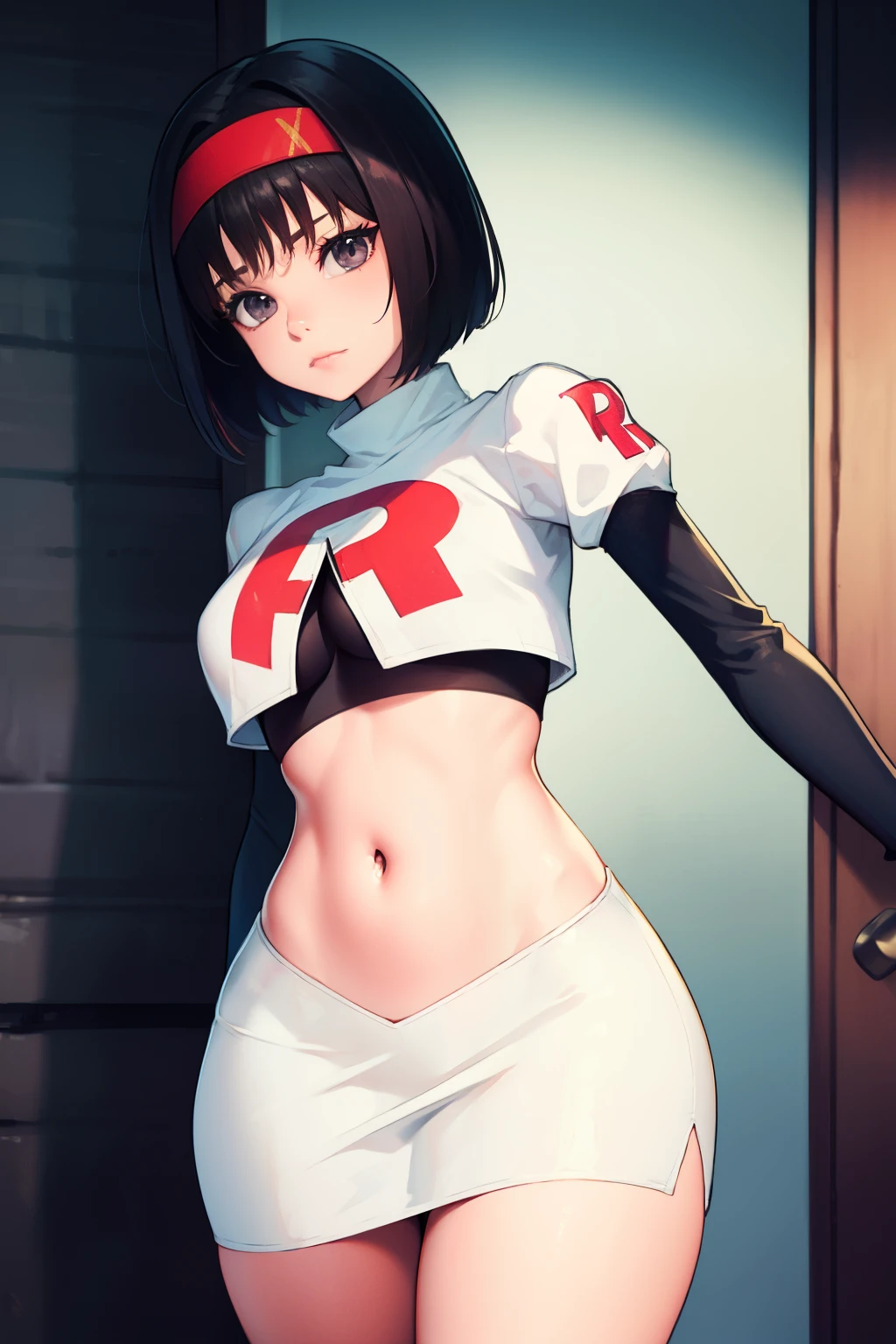 Erik, headband, short hair, grey eyes ,team rocket uniform, red letter R, white skirt,white crop top,black thigh-high boots, black elbow gloves, looking at viewer, cowboy shot,