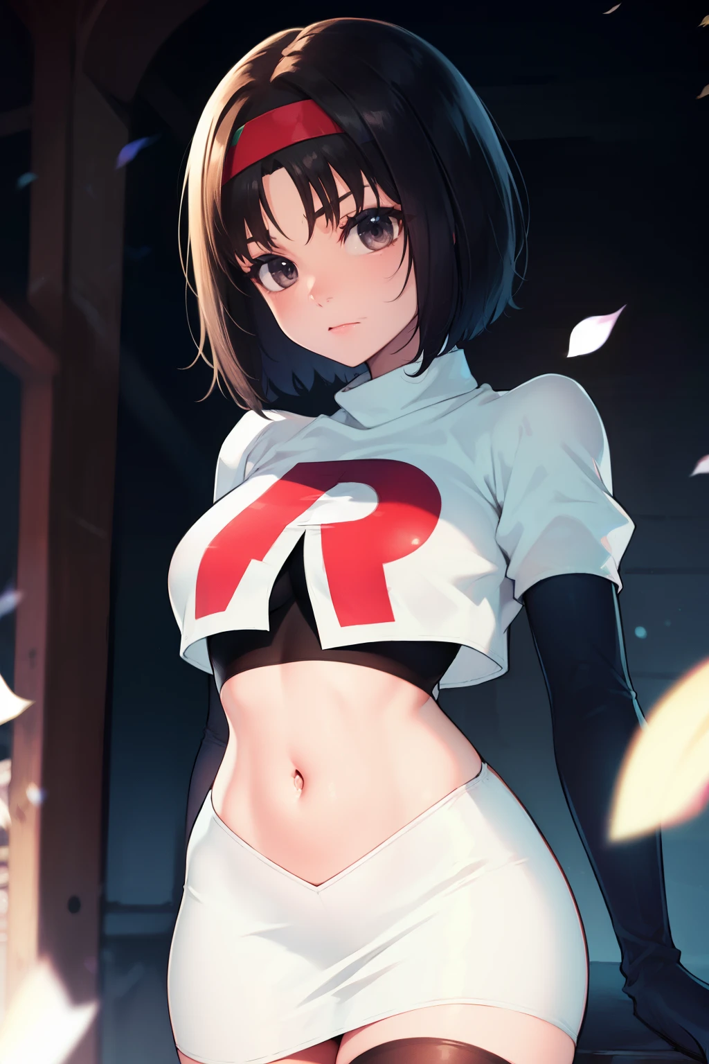 Erik, headband, short hair, grey eyes ,team rocket uniform, red letter R, white skirt,white crop top,black thigh-high boots, black elbow gloves, looking at viewer, cowboy shot,