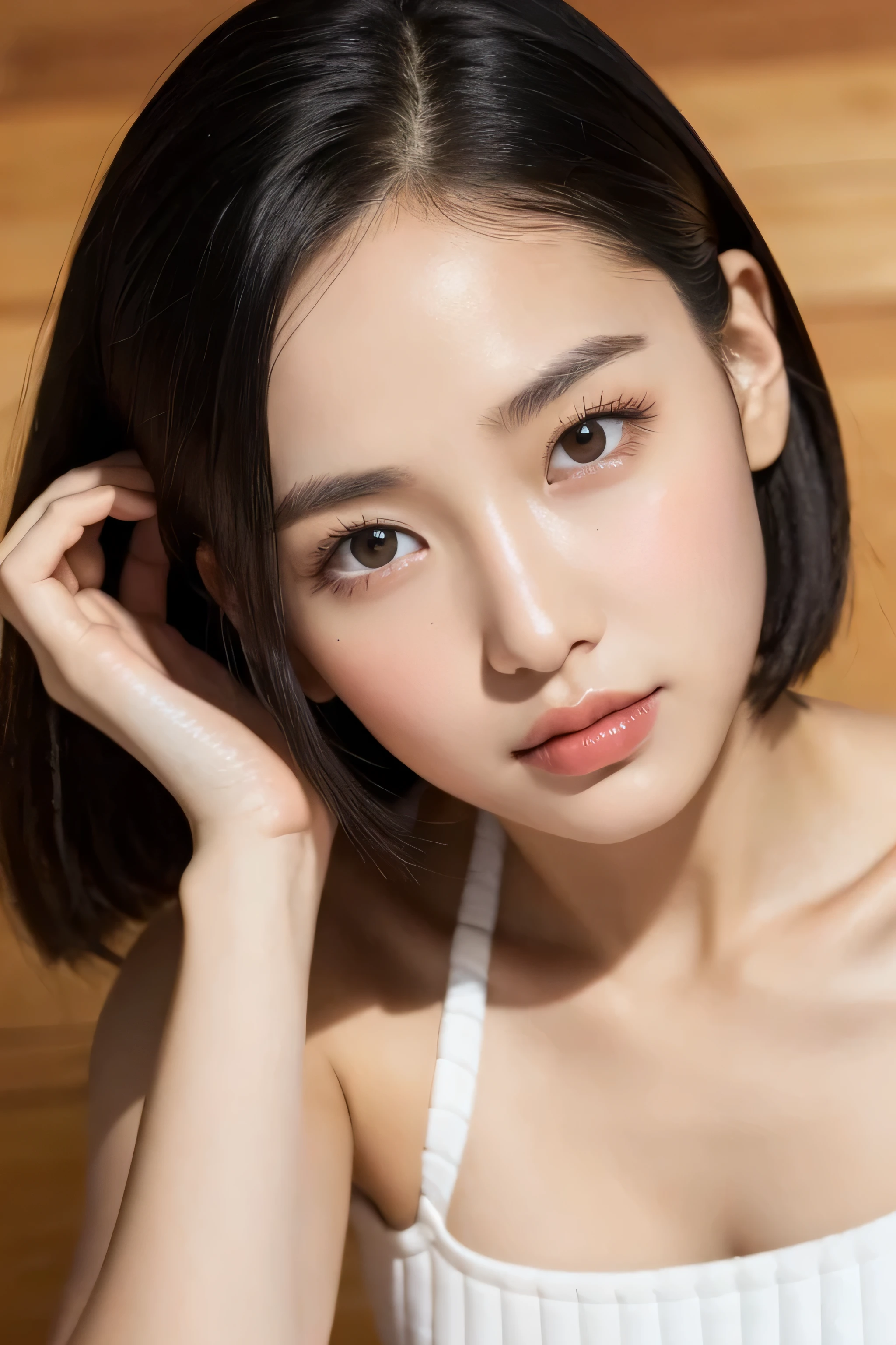 a young asian girl,short natural black hair, wearing white tube top, vibrant eyes, laying on the floor, smooth, flawless skin, glowing complexion, silky touch, even texture, blemish-free, radiant appearance, youthful look, soft and supple skin, poreless, perfect skin tone, porcelain-like complexion, velvety smoothness, dewy and fresh skin, natural beauty, healthy and vibrant skin, upper shot