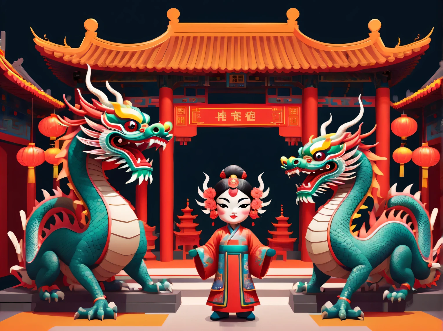 Cyberpunk era style New Year, Happy New Year, neon lights, using symbol planes and flat color blocks to create graphic style illustrations. Two super cute Chinese dragons are depicted against the backdrop of Chinese opera stages and traditional Chinese architecture. Integrating symmetrical geometric patterns, auspicious patterns, and Chinese clothing elements, including headwear patterns. Rendered Maya style illustrations inspired by folk art of flower arrangement. Use bright color combinations, masks, and totems. Make sure you have a white background, beautiful borders, clear contours, and emphasize folk themes.