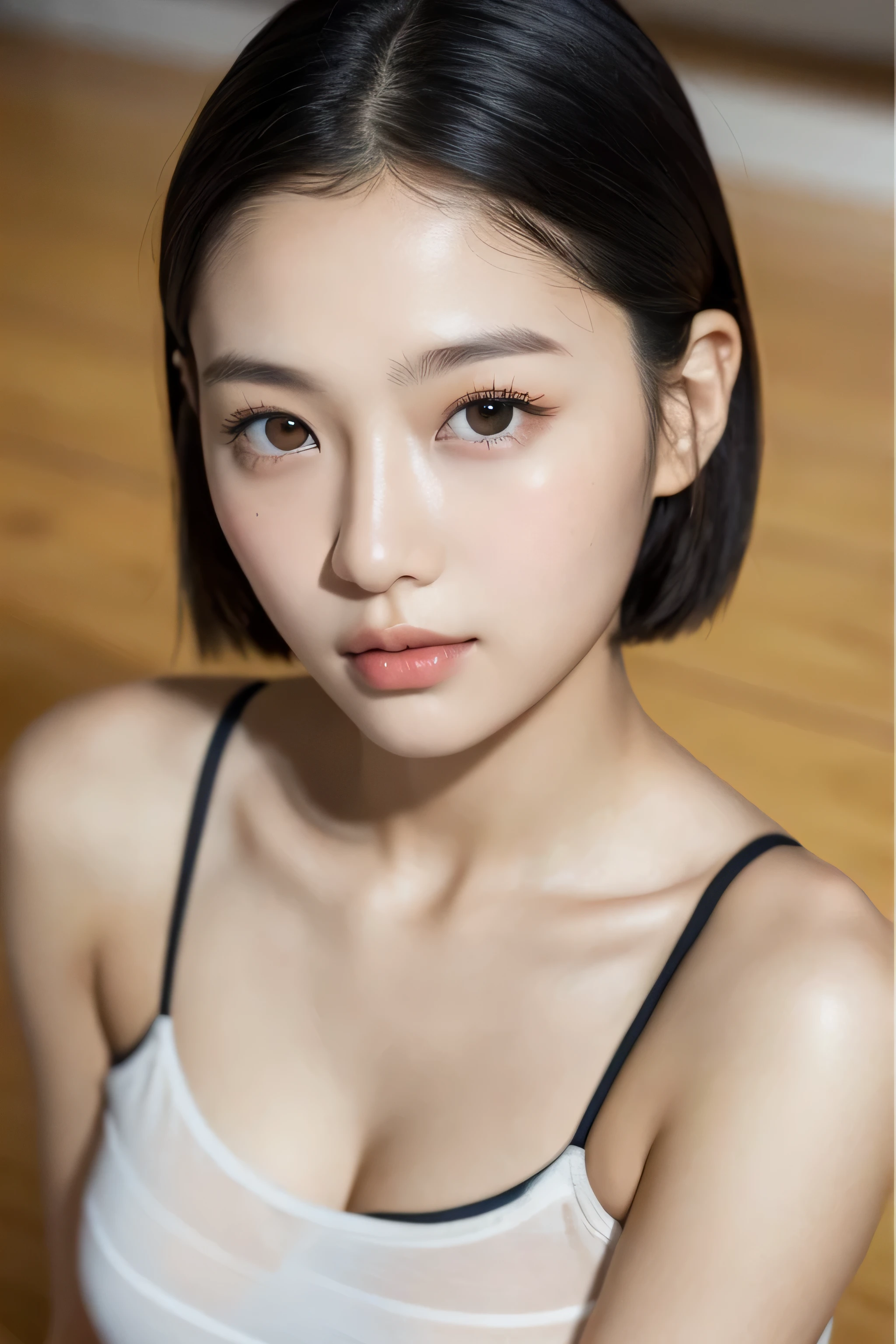 a young asian girl,short natural black hair, wearing white tube top, vibrant eyes, laying on the floor, smooth, flawless skin, glowing complexion, silky touch, even texture, blemish-free, radiant appearance, youthful look, soft and supple skin, poreless, perfect skin tone, porcelain-like complexion, velvety smoothness, dewy and fresh skin, natural beauty, healthy and vibrant skin, upper shot