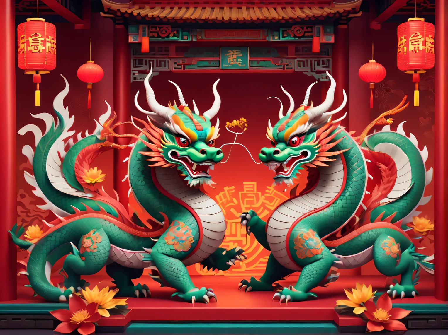 Cyberpunk era style New Year, Happy New Year, neon lights, using symbol planes and flat color blocks to create graphic style illustrations. Two super cute Chinese dragons are depicted against the backdrop of Chinese opera stages and traditional Chinese architecture. Integrating symmetrical geometric patterns, auspicious patterns, and Chinese clothing elements, including headwear patterns. Rendered Maya style illustrations inspired by folk art of flower arrangement. Use bright color combinations, masks, and totems. Make sure you have a white background, beautiful borders, clear contours, and emphasize folk themes.