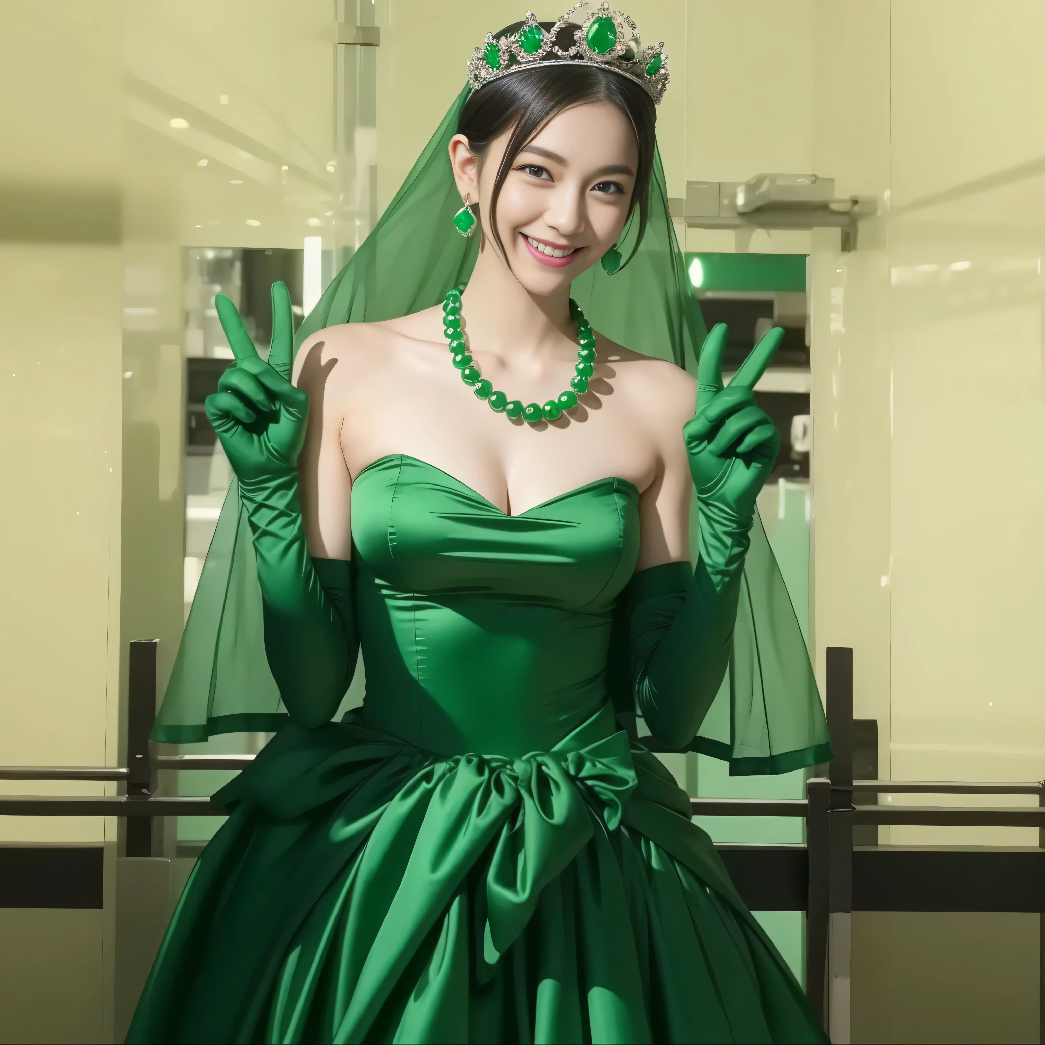 emerald tiara, Green Pearl Necklace, Boyish very short green hair, lipstick, Japan woman smiling, very short hair, big breasts beautiful, green eyes, Long green gloves made of satin material, green eyes, V sign, Emerald Earrings, green vale
