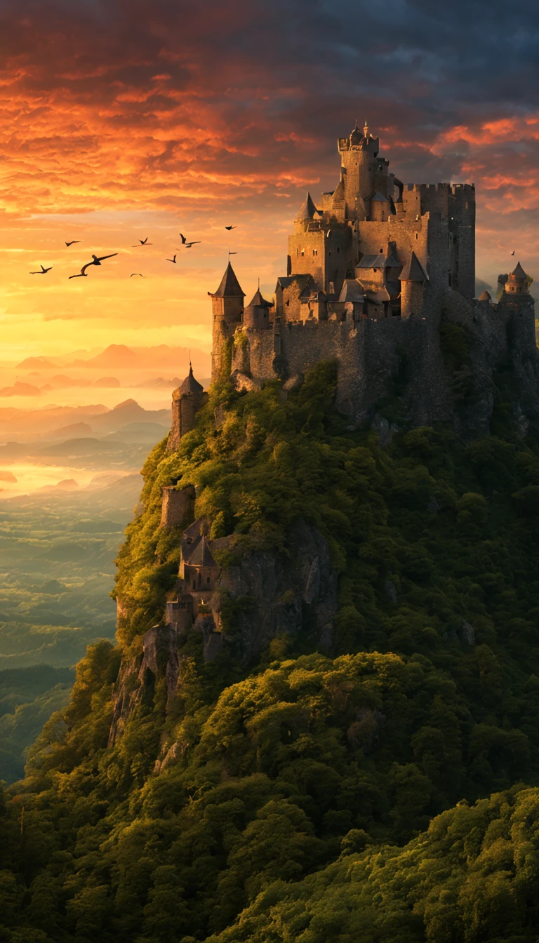 In the vast land, stands a hundred-year-old castle. In the twilight sky, birds fly over the castle, emitting crisp chirps. The castle's stone walls are covered with moss, as if telling the story of time. The distant mountains, bathed in the sunset, appear elusive, like a beautiful painting. The ancient sound of bells resonates from within the castle, seemingly narrating endless tales.