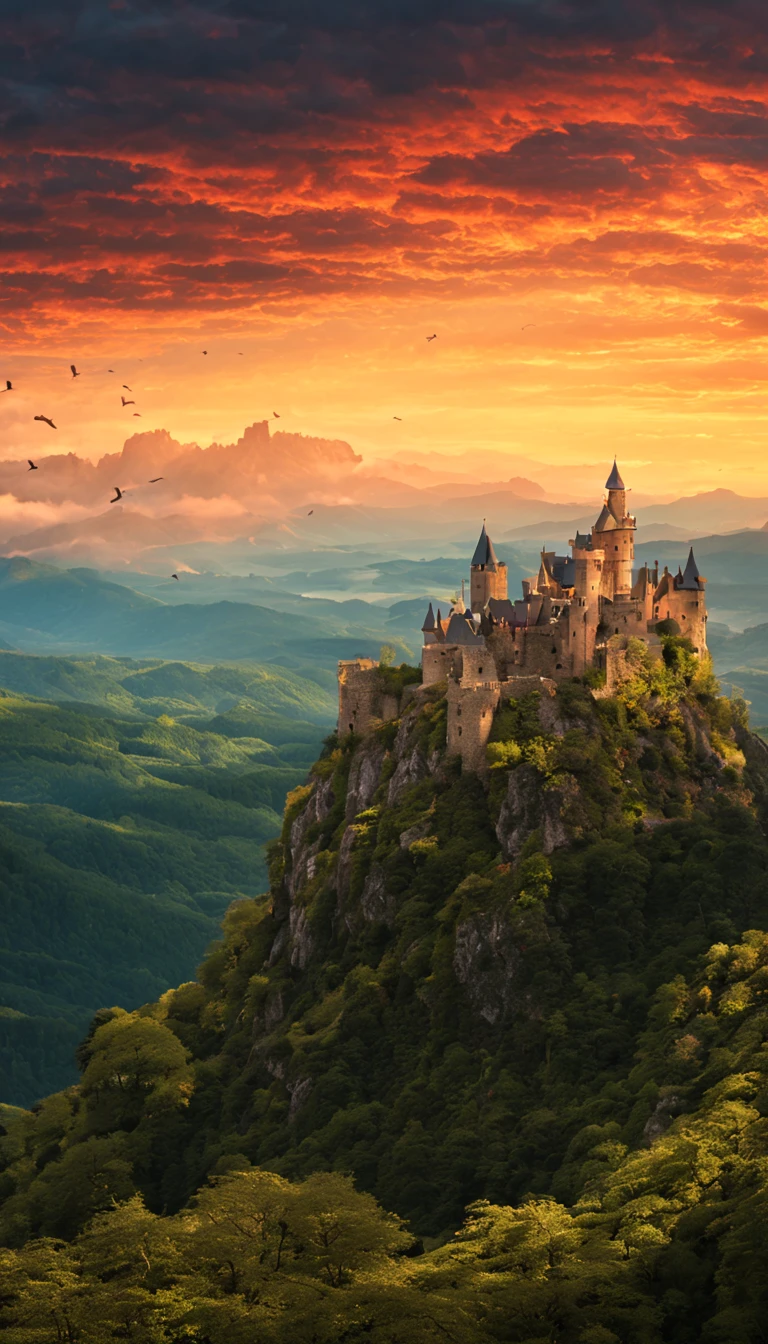 In the vast land, stands a hundred-year-old castle. In the twilight sky, birds fly over the castle, emitting crisp chirps. The castle's stone walls are covered with moss, as if telling the story of time. The distant mountains, bathed in the sunset, appear elusive, like a beautiful painting. The ancient sound of bells resonates from within the castle, seemingly narrating endless tales.