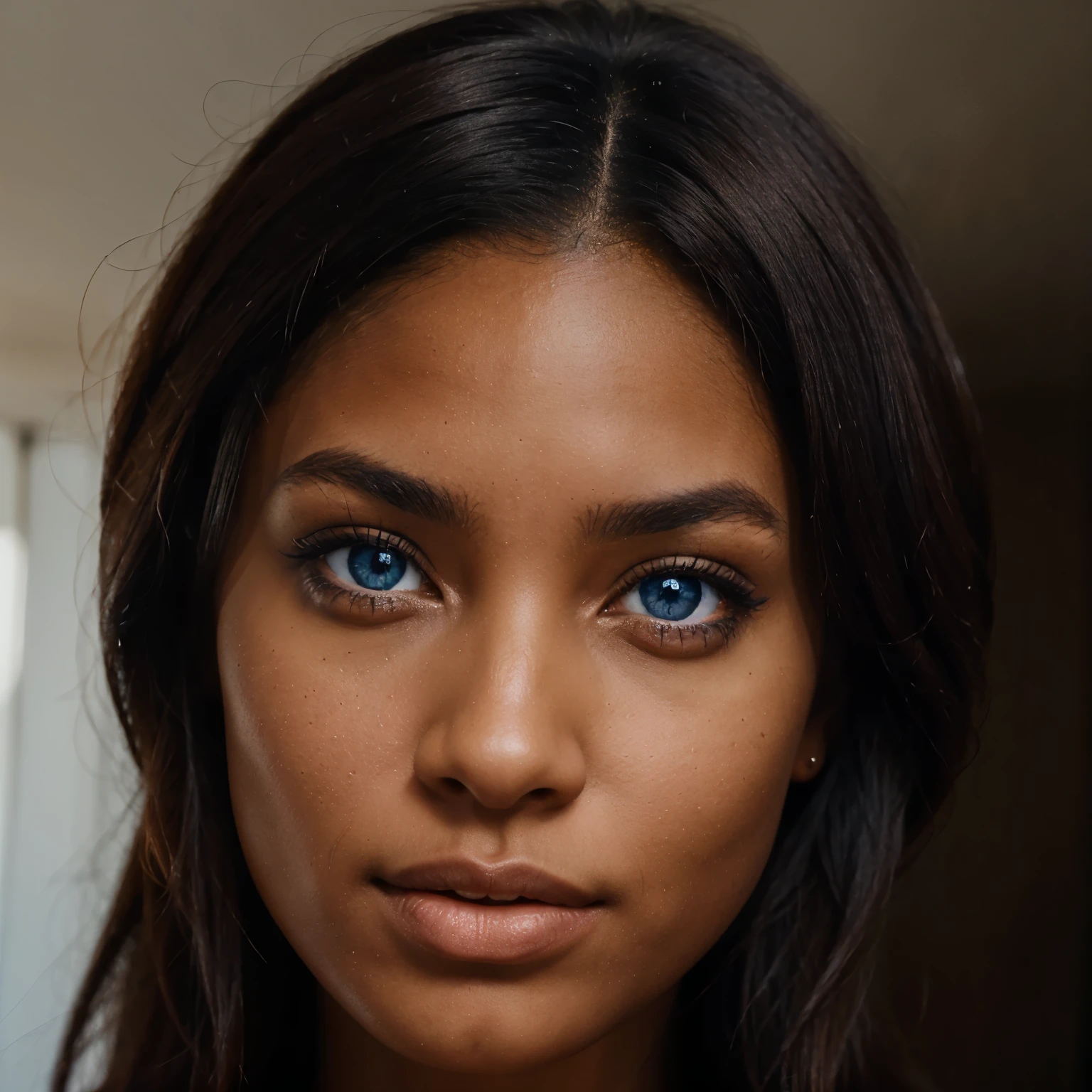 Black female with really dark beautiful blue eyes and dark brown hair