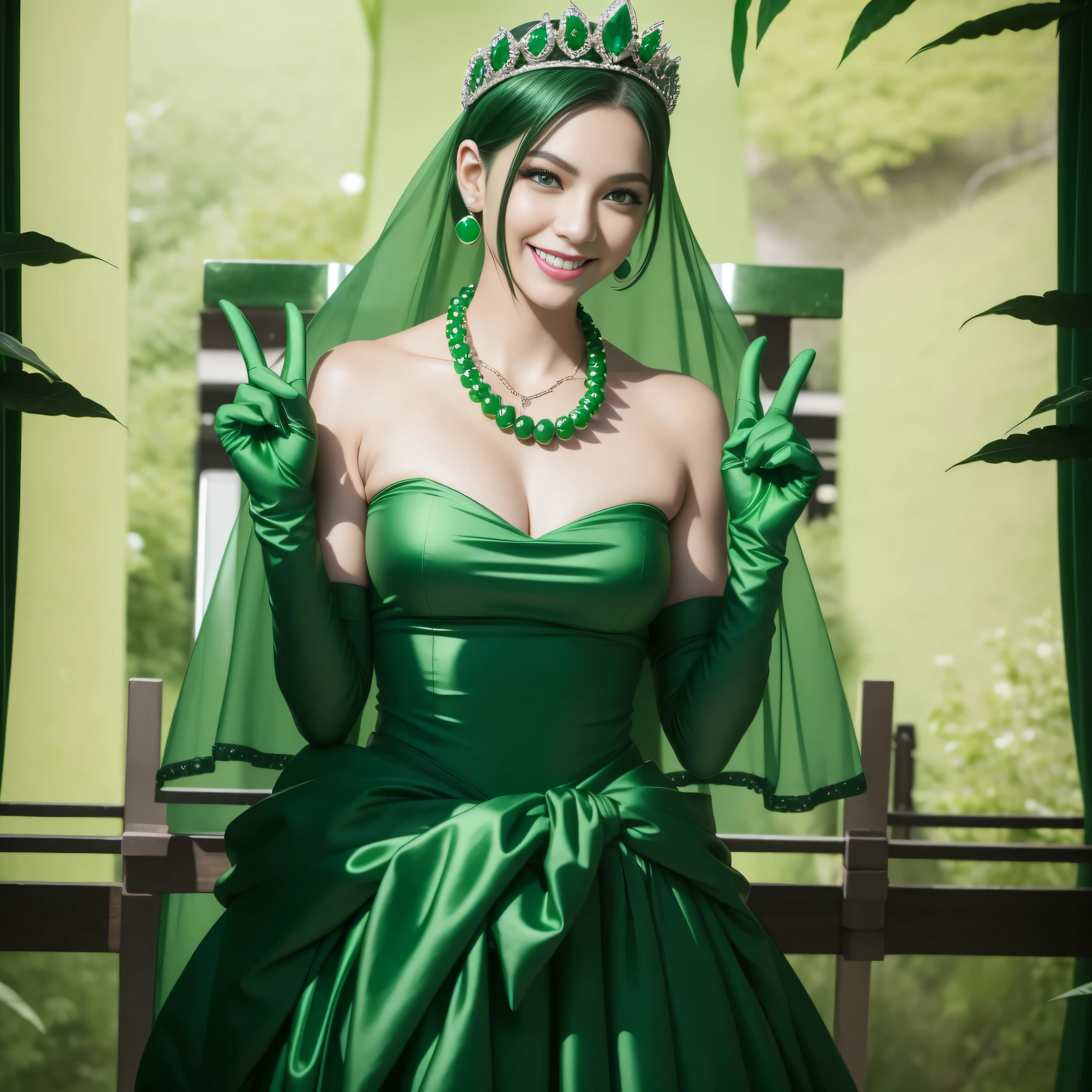 emerald tiara, Green Pearl Necklace, Boyish very short green hair, lipstick, Japan woman smiling, very short hair, Big beautiful, green eyes, Long green gloves made of satin material, green eyes, Emerald Earrings, green vale, V sign