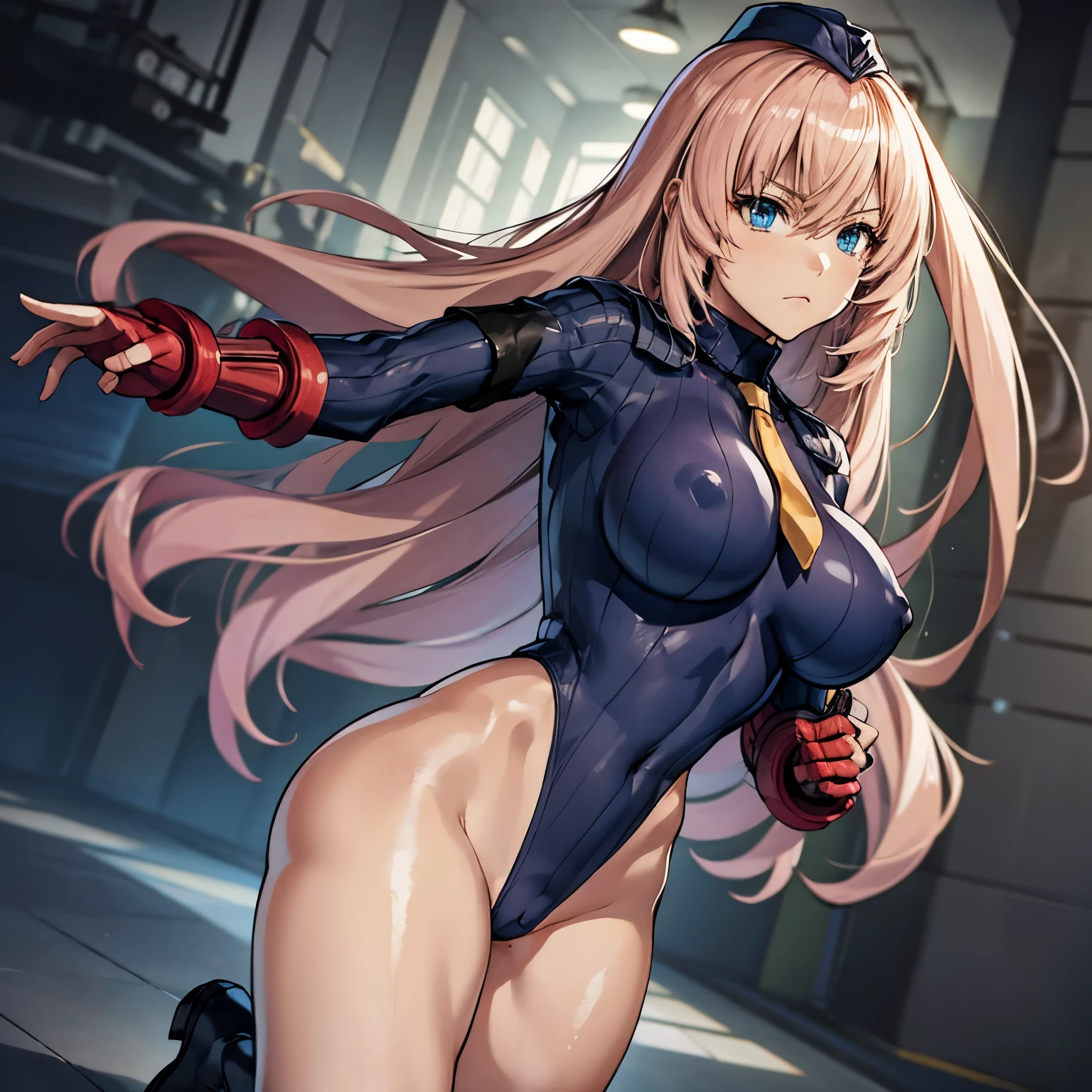 ultra-detailed, Explicit, Beautiful body, Beautiful Nose, Beautiful character design, perfect eyes, perfect face, ultra highres, 4K, beautiful legs, perfect legs, Nice hands, Perfect hand, Masterpiece, Best Quality, Highly detailed, illustration, absurdres, street fighter, doll suit, shadaloo doll, dollsuit, expressionless, blank eyes, looking at viewer, red gloves, emotionless, black latex, corrution, mind control, female combatant, full body, hypnotized, unhappy trance, full body suit, ribbed bodysuit, both arms at side, obey, perfect female body, extremely glossy latex, hypnosis, hypnoLora, empty eyes, Mind control device, poses, submissive_pose, Slave, hat, necktie, standing, standing up straight, Standing at attention, hat, yellow necktie, belt, latex, ribbed bodysuit, thighhighs, garter belt, Fighting Stance, extending the right arm from the shoulder into the air with a straightened hand, military, thigh boots, solo, Classroom of the Elite, Ichinose Honami, pink blonde hair, blue eyes, long hair, large breast