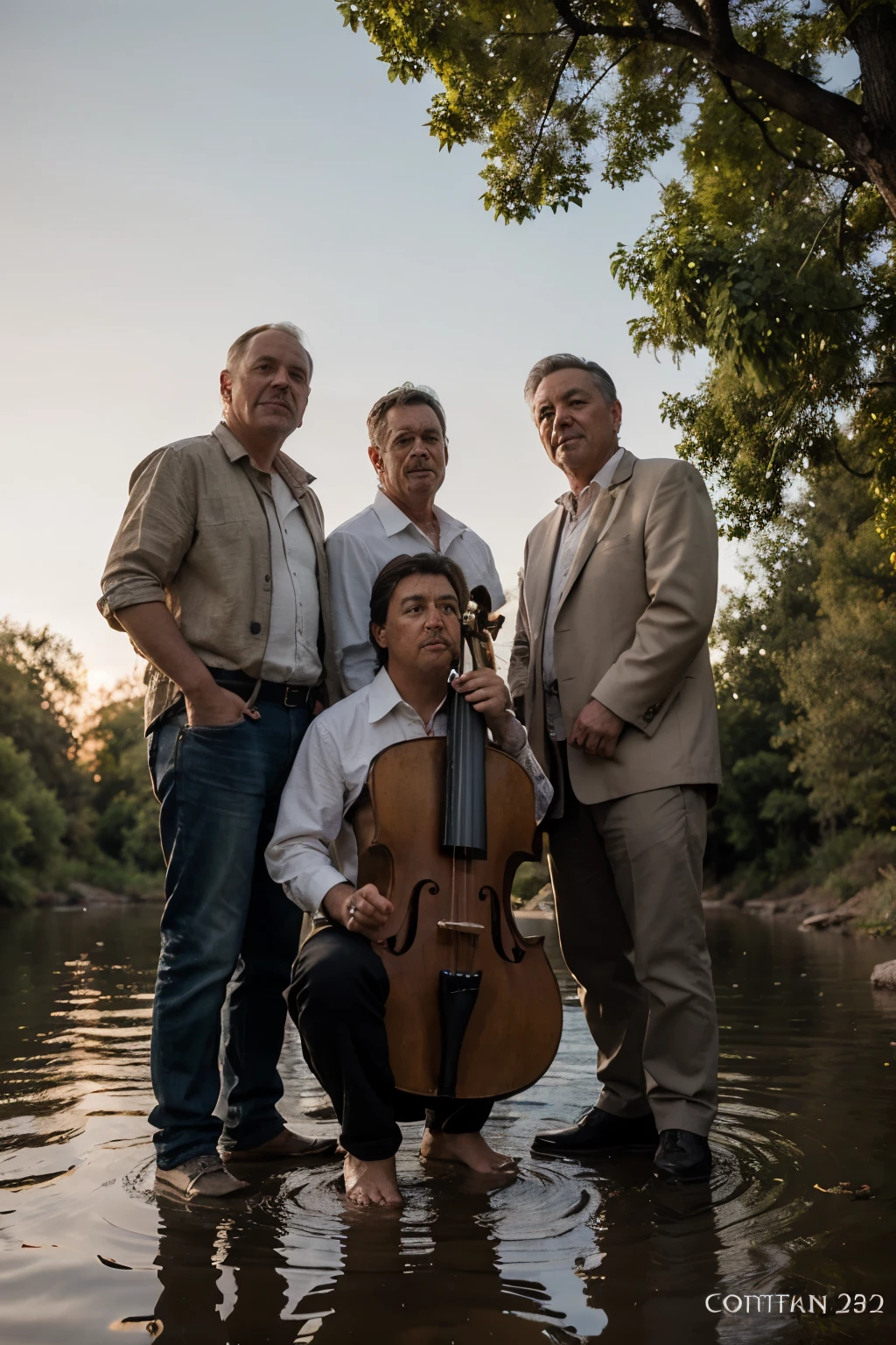 Album cover: La portada muestra a los cuatro miembros del grupo "Northerners of the Conchos River", men over 45 years old, located on the edge of the river during a warm evening. With the golden light that filters through the trees, The musicians are ready to deliver a repertoire full of experiences and nostalgia.
