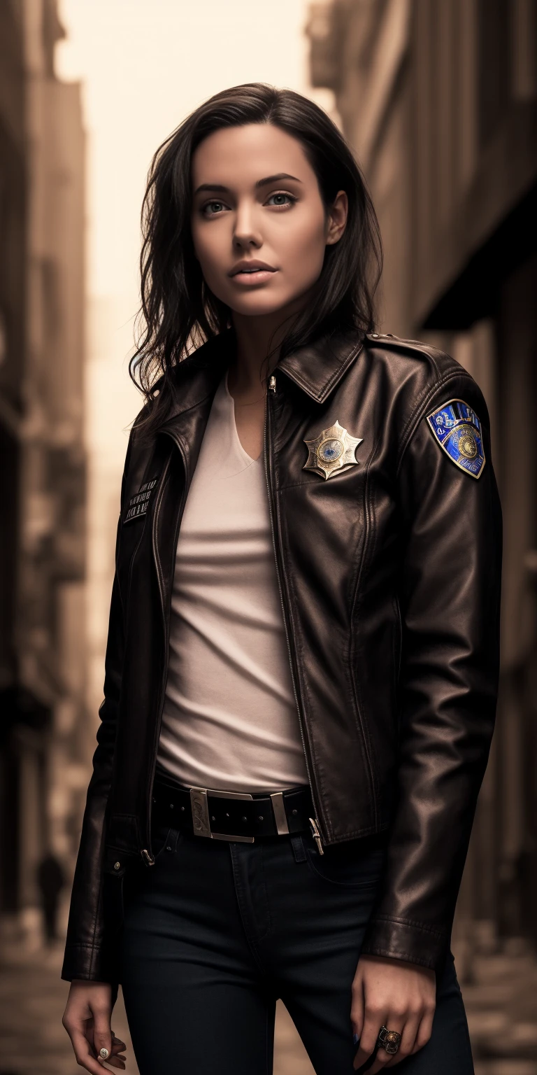 Portrait of anjo as a beautiful female model, georgia fowler, beautiful face, with short dark brown hair, in cyberpunk city at night. She wearing a leather jacket, black jeans, dramatic lighting, (police badge:1.2) full body cyberfunctional style, 8 k character details, official character art,