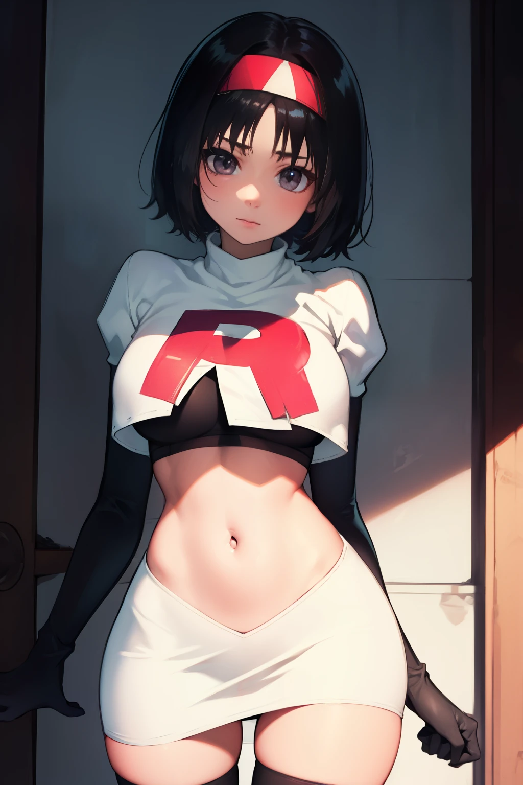 Erik, headband, short hair, grey eyes ,team rocket uniform, red letter R, white skirt,white crop top,black thigh-high boots, black elbow gloves, looking at viewer, cowboy shot,