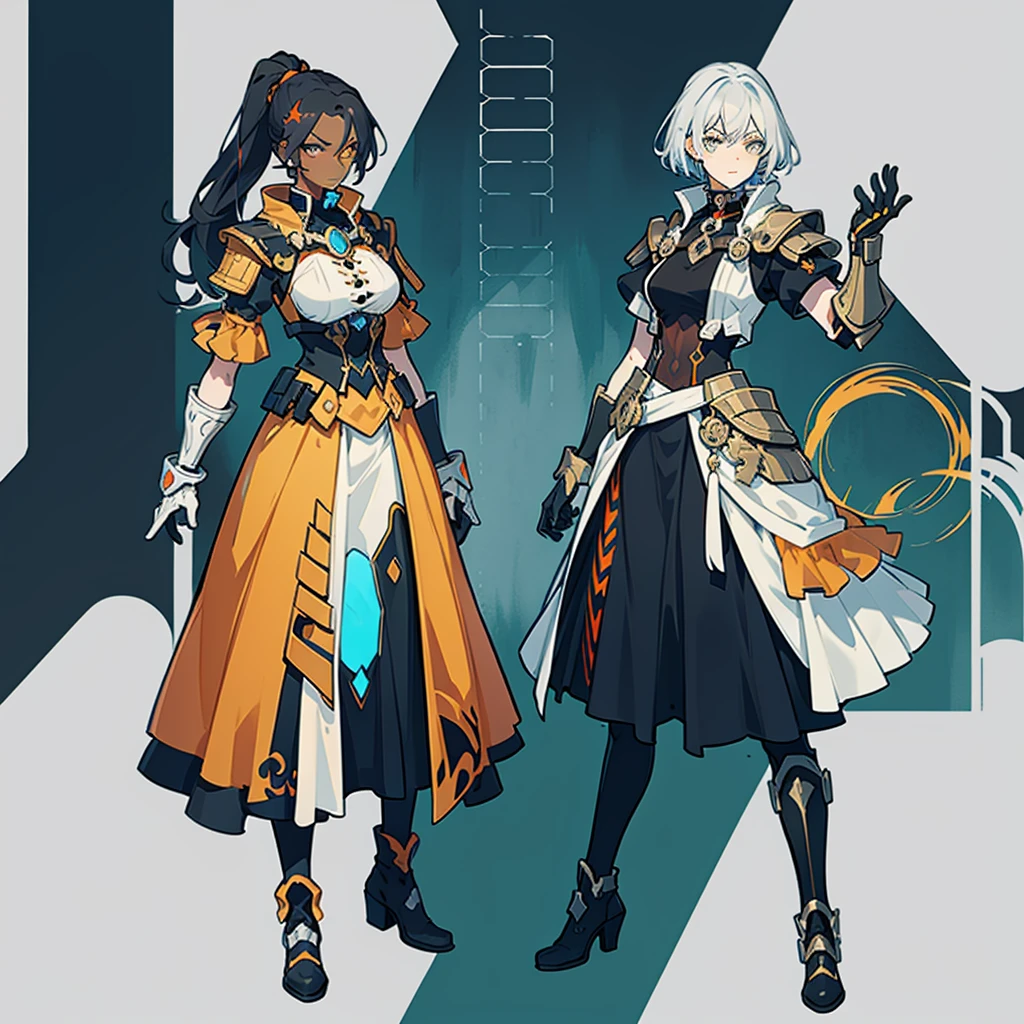 (((concept Art))), (((One character))), Female, (((Dark Skin)))), Black Hair with Ponytail, Light Blue Eyes, Round Glasses with a Slightly Dark Lens with this Lens being Orange, and the Light Blue Color frame, ((Black Metallic Gauntlets and Greaves with Orange and Silver Highlights)), (((The Clothes Have a Mix of Modern and Tribal))), (((The Clothes Have a Mix of Modern and Tribal))),  having mostly the color black, but having parts in orange, shoulders exposed, at the hip a shorts that extend to half of the thigh of black color.