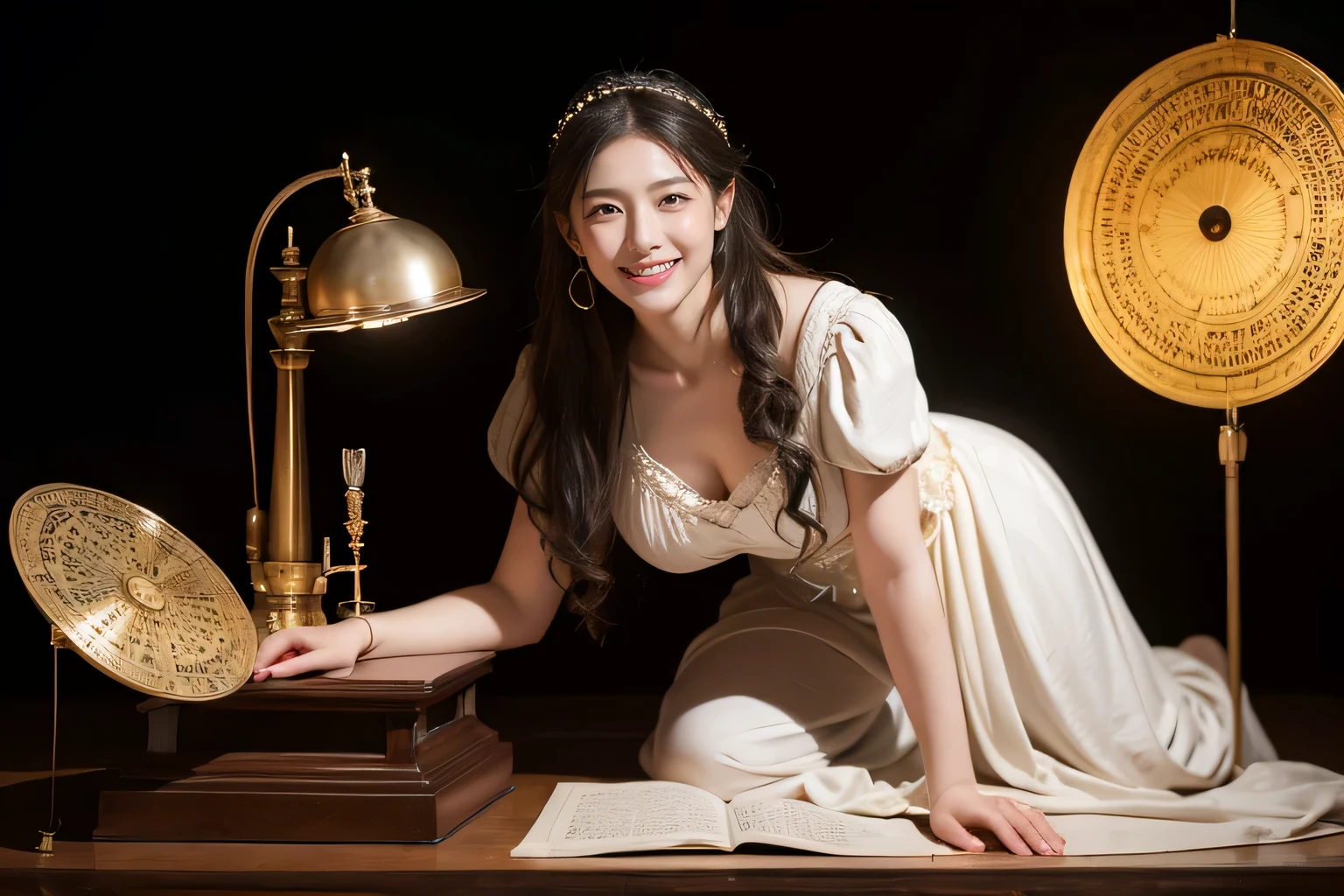 female mathematician,Ancient Greek costumes,Astronomical machinery,antique,A smile,,Sweet and seductive appearance.、Caravaggio's paintings、Chiaroscuro of Caravaggio,,Cute smile, Expression of ecstasy,erotick,A sexy