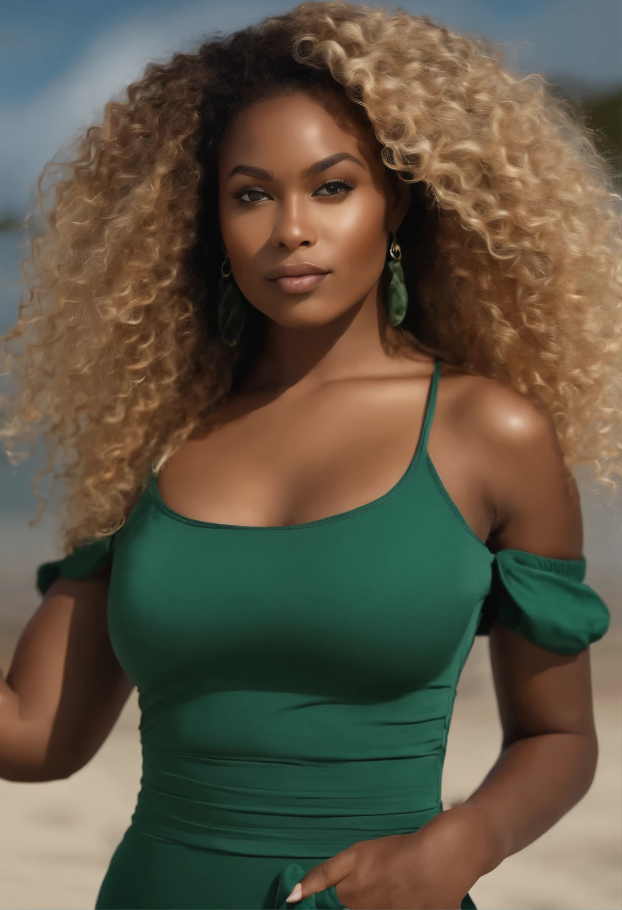 "Ultra-realistic full body image of a beautiful 21-year-old Afro-kenyan girl,Caramel peel, corps parfait, forte poitrine, nez fin,Taille fine, cheveux blond, Curly and curly hair karibean , piercing green eyes.hyper-realistic,anatomie correcte,Facial features are carefully represented,Boucles gratuites, curly blonde hair, (cour, curly blonde hair), Long curly wild blonde hair, cheveux multiversaux, cour, curly blonde hair, curly blonde hair, Boucles, wavy hair spread out, Boucles baroques, Boucles, Curly,Texture des cheveux, Curly bang,Photo ID,at a beach party with big boobs,big ass,sexy,on the bed,in panties,only fans