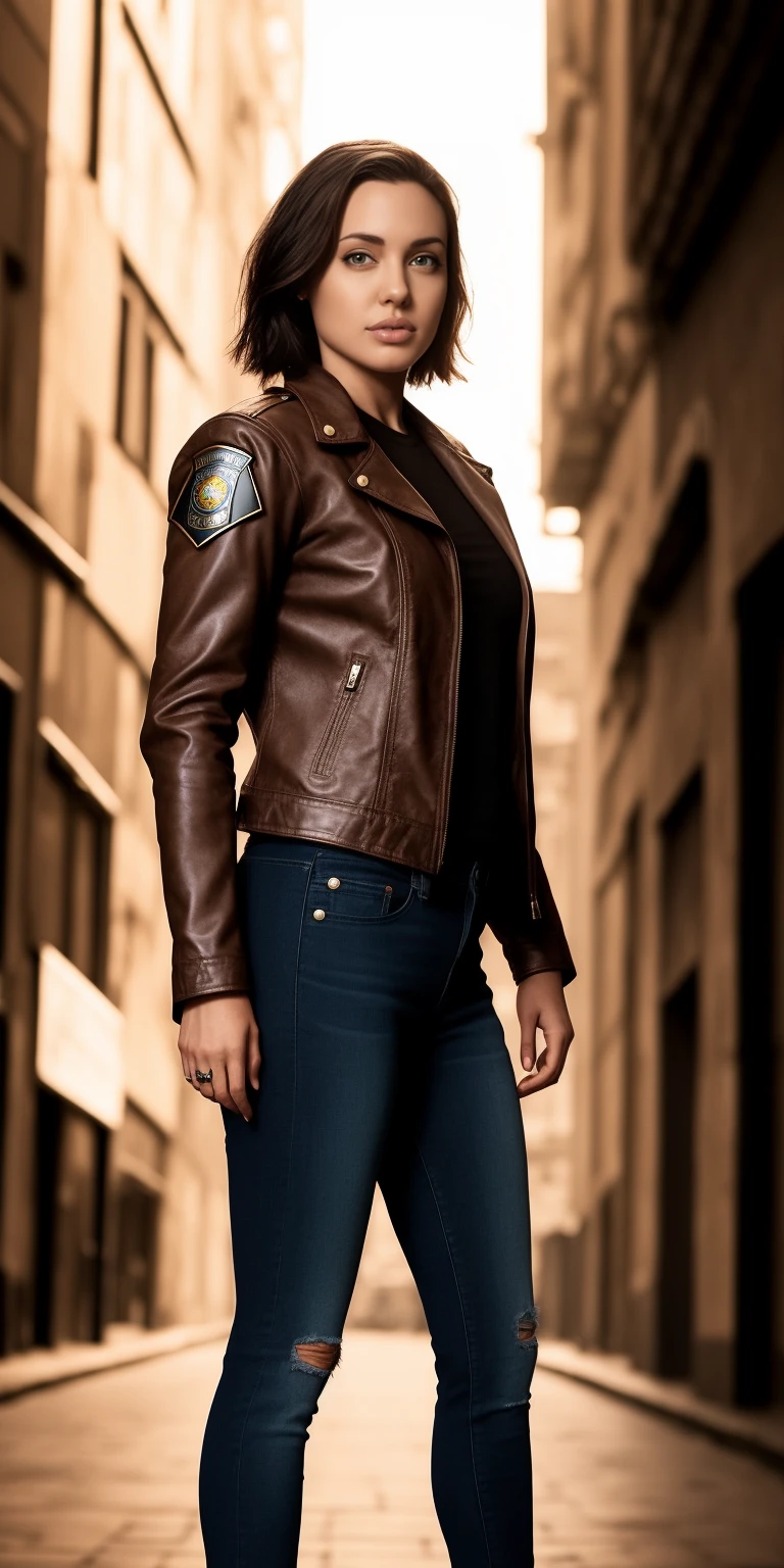 Portrait of anjo as a beautiful female model, georgia fowler, beautiful face, with short dark brown hair, in cyberpunk city at night. She wearing a leather jacket, black jeans, dramatic lighting, (police badge:1.2) full body, 8 k character details, official character art,