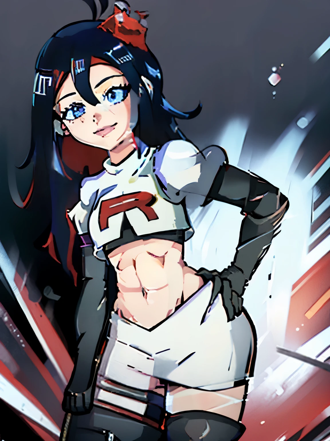 ((nimu)) bright lips, team rocket uniform, red letter R, white skirt, white crop top, black thigh high boots, black elbow gloves, evil smile, looking at viewer, cowboy shot, saluteNimu))