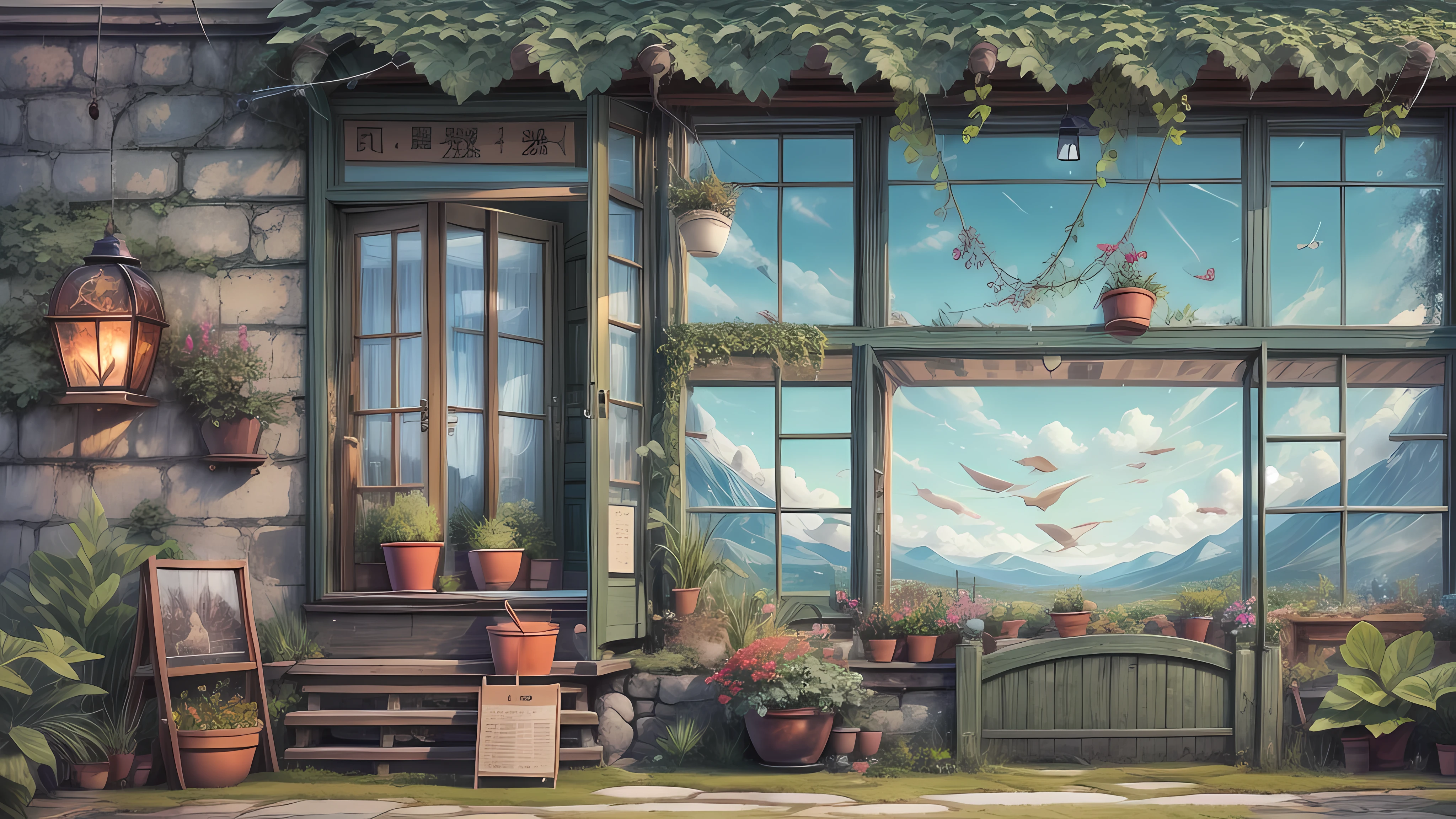 (micro landscape:1.5),(best quality), ((masterpiece)), (high resolution), illustration, The original, Very detailed wallpaper, 没have人类, window, landscape, plant, water, potted plant, outDoors, architecture, Door, house, flower pot, sky, lily pad, Chair, flower, table, stairs, watermark, have, Tree, Sunlight, pond, Grass, inDoors, reflection, lamp, balcony, black headdress, bushing, sky空, railing, table, open window, shelf, leaf, Book, , Copyright name, ladder, architecture学, shadow, alone, obsolete, vine, flower瓶, City, coffee shop, lamp笼, bucket, ruins, bench, shop, sign, moss, Boat, bucket, river,