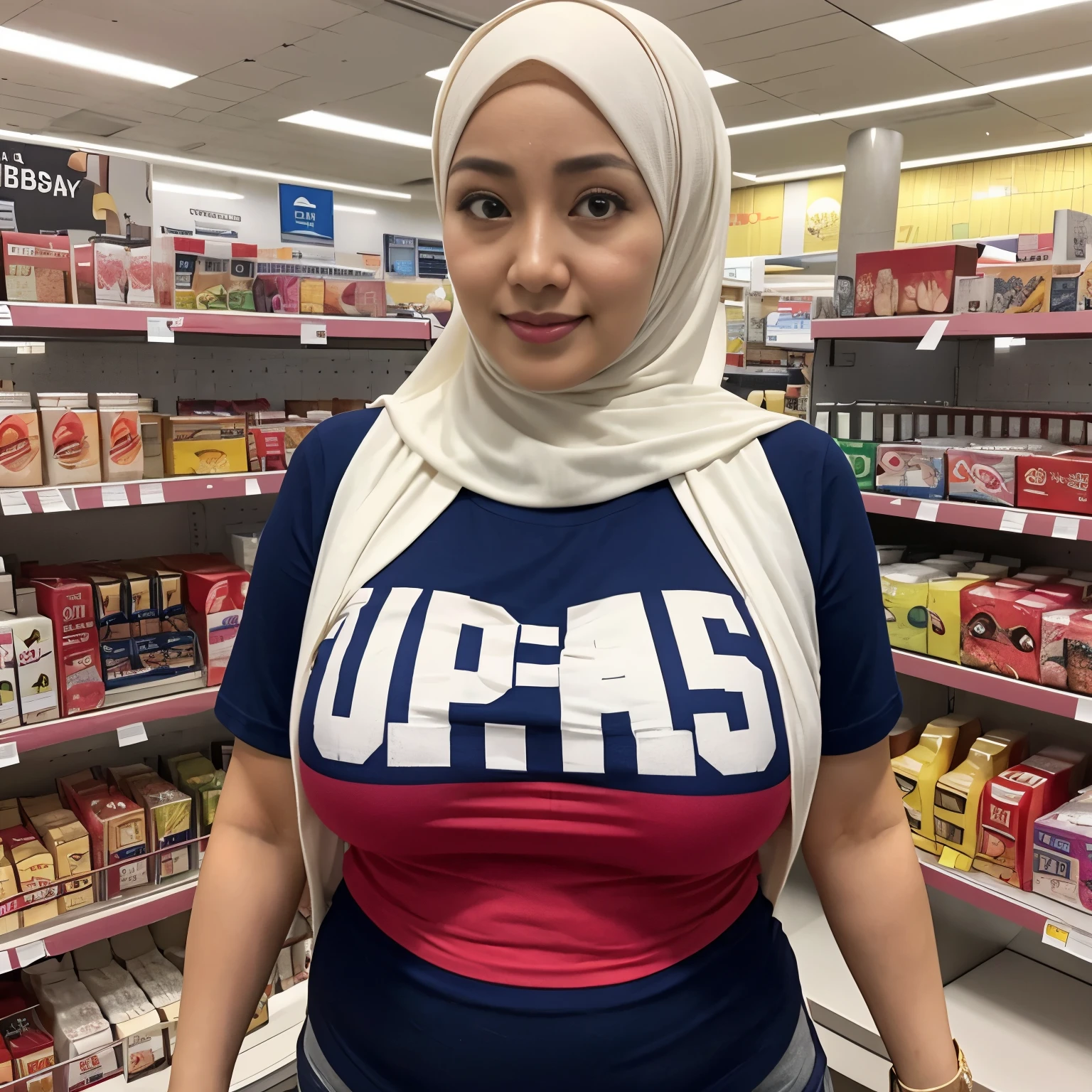 34 years Old, Hijab Indonesian MILF, Sugar Mama, Ulta-Gigantic Tits : 158.9, T-Shirt, Busty body, at Department Store, Bright light, at Daytime, lewd body