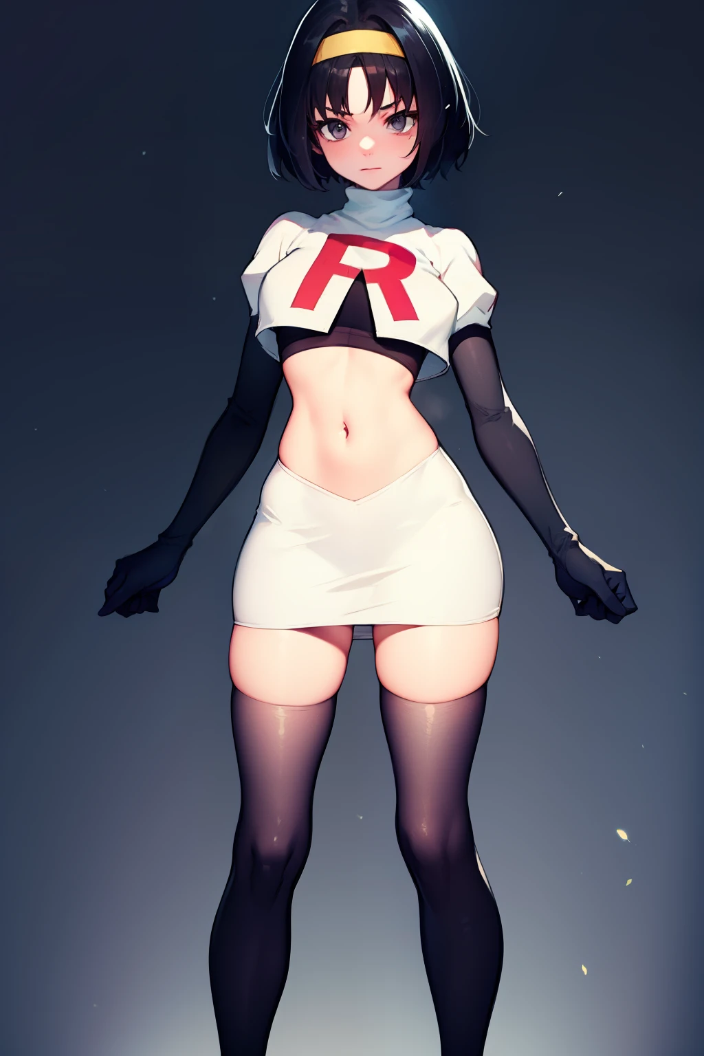 Erik, headband, short hair, grey eyes ,team rocket uniform, red letter R, white skirt,white crop top,black thigh-high boots, black elbow gloves, looking at viewer, cowboy shot,