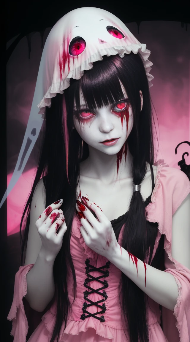 (masterpiece, best quality:1.2), cover image, splashed color background, highly detailed, colorful black, 1 girl, long silver hair, red eyes, blood on eye, head in the hand, short hair, blunt bangs, mannequin, cool face, ((( pink sexy ghost))), illustration, horror art, dread, creepy, blood, blood eyes, gore, pornography