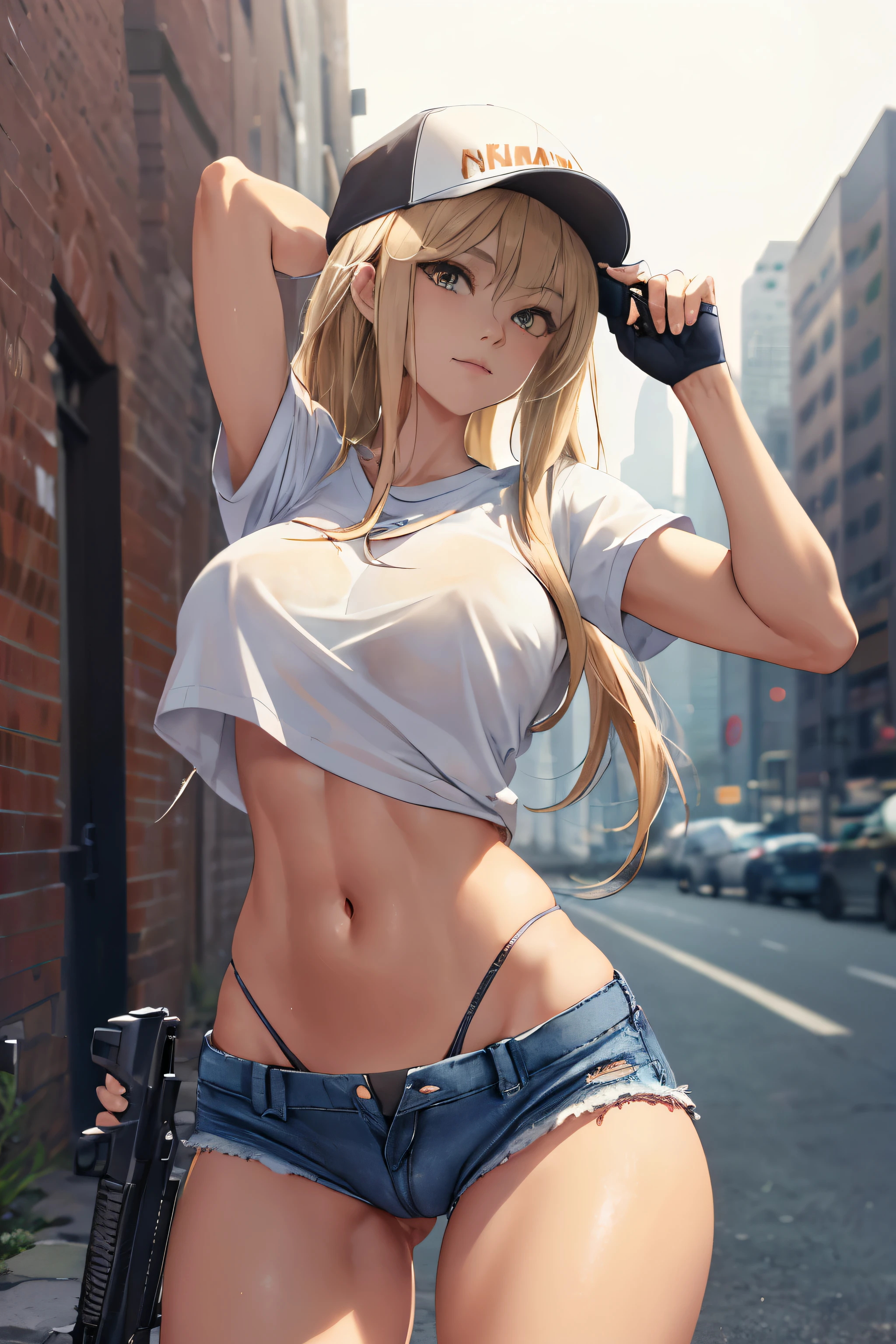 masterpiece, super detailed, 8K portrait, Raw photo, portrait photography, highly detailed face, beautiful and detailed eyes, Close-up of a woman wearing a white t-shirt and micro denim and holding a gun, blonde long hair, baseball cap, small details. female action girl, full body portfolio, shooting gun action, big ass, pants line, ((Panties that dig into the crotch)), socks, sneakers, dull bangs, adult woman, belly button, crack, ((camel toe)), midday sun, surreal, body model, beautiful breasts, long legs, on the urban battlefield, environmental lighting, shadow details, focus the camera on the face, strong wind, light fog