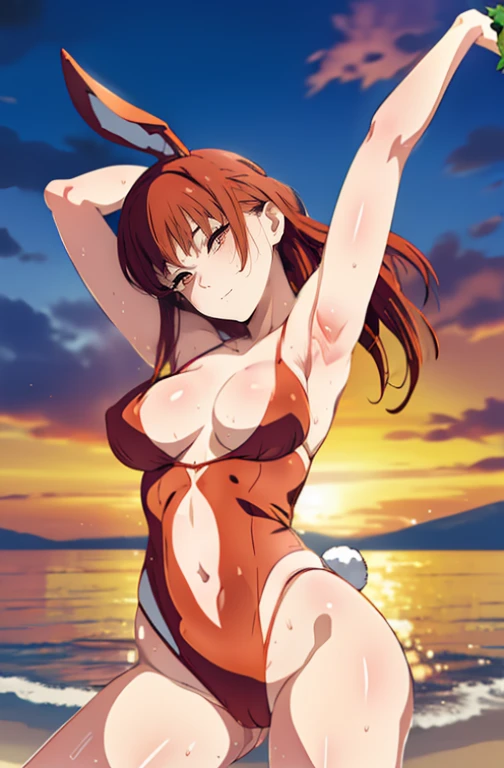 ((((Obra maestra, La mejor calidad, ultrahigh resolution)))), perfect anatomy, 1girl, long hair, red, orange eyes, bunny suit, red bunny suit, Sweating, medium breast, navel, cameltoes, beach background, sunset, two arms up, armpits, exposed armpits, sexy pose, 
